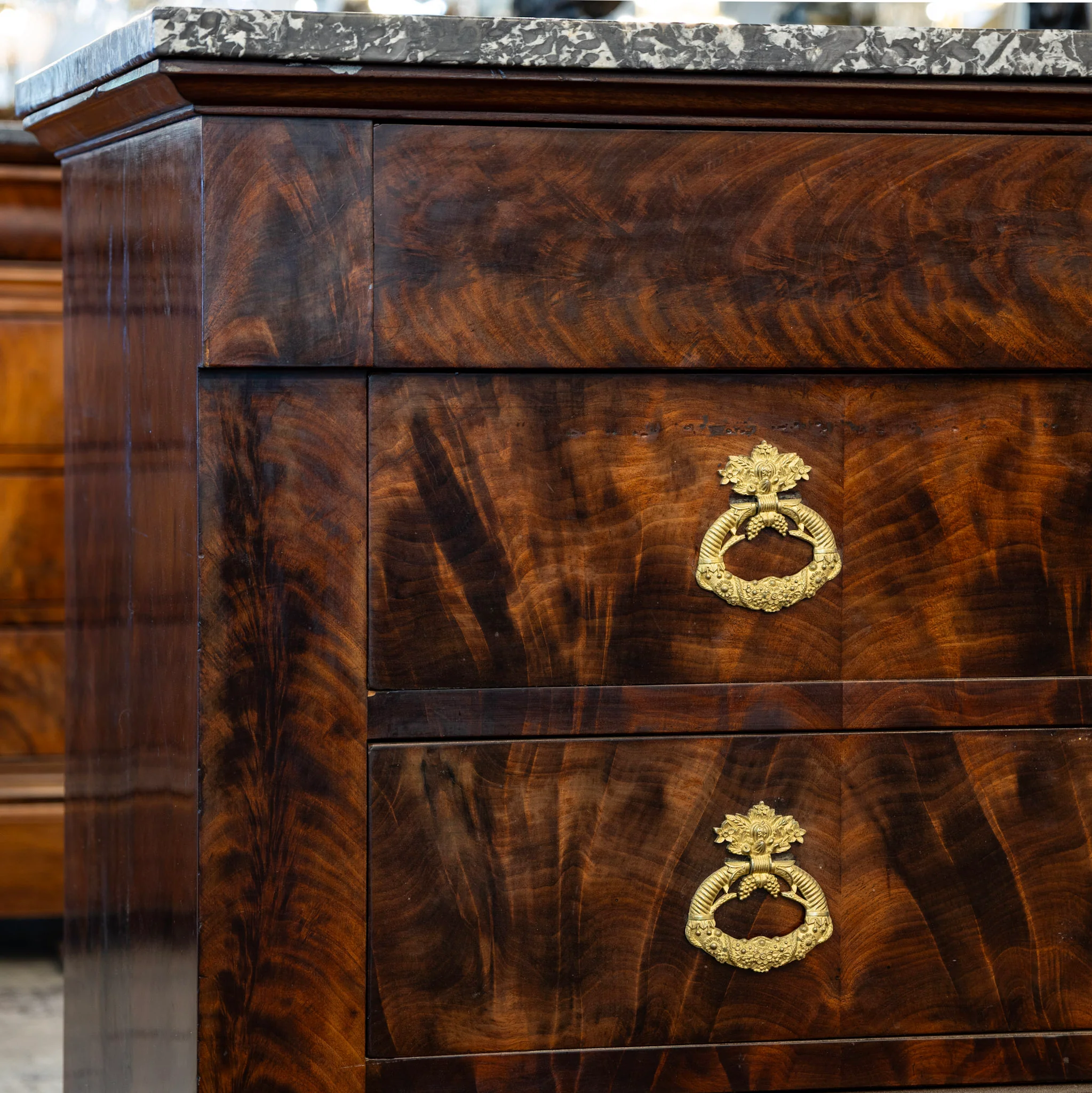 Louis Philippe Burl Wood Chest – Black Marble Top & Ornate Brass Pulls - Image 5