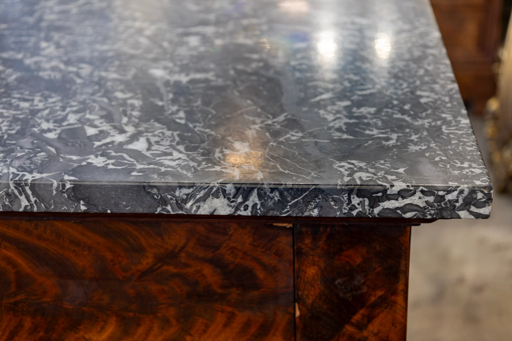 Louis Philippe Burl Wood Chest – Black Marble Top & Ornate Brass Pulls - Image 6