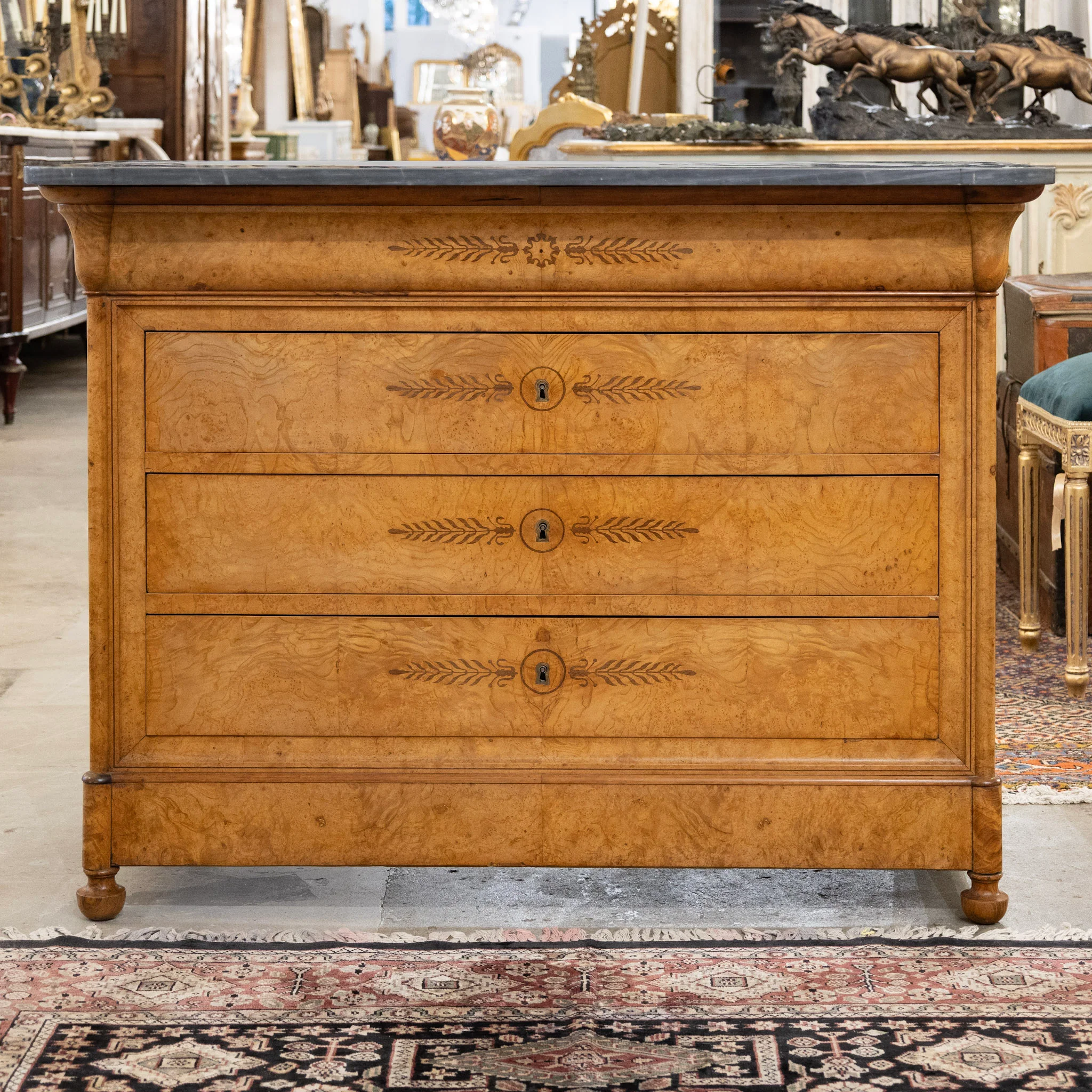 Louis Philippe Burl Wood Chest – Floral Drawer Detail & Black-Grey Marble Top - Image 3