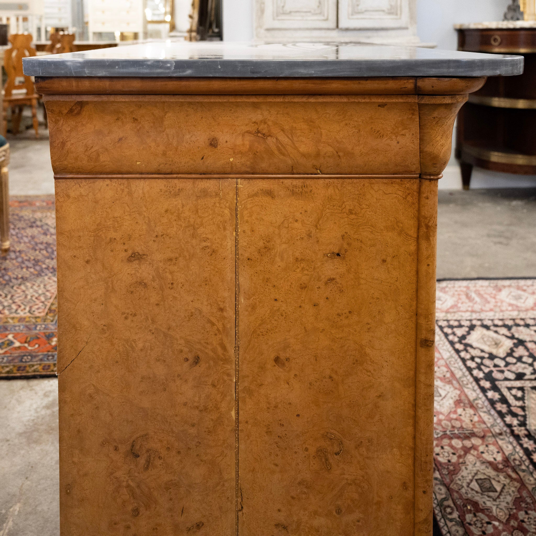 Louis Philippe Burl Wood Chest – Floral Drawer Detail & Black-Grey Marble Top - Image 5