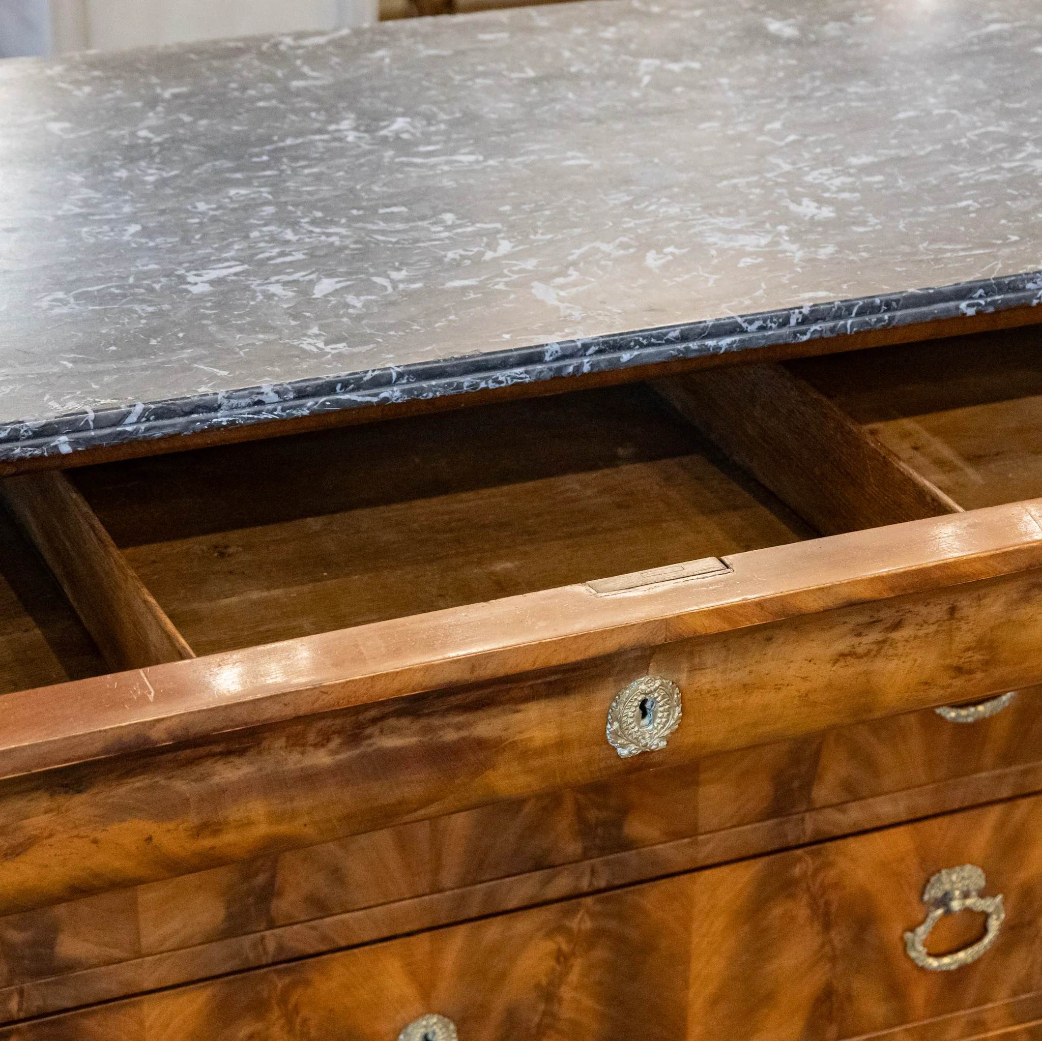 Louis Philippe Burl Wood Chest – Ornate Pulls & Black Marble Top - Image 10