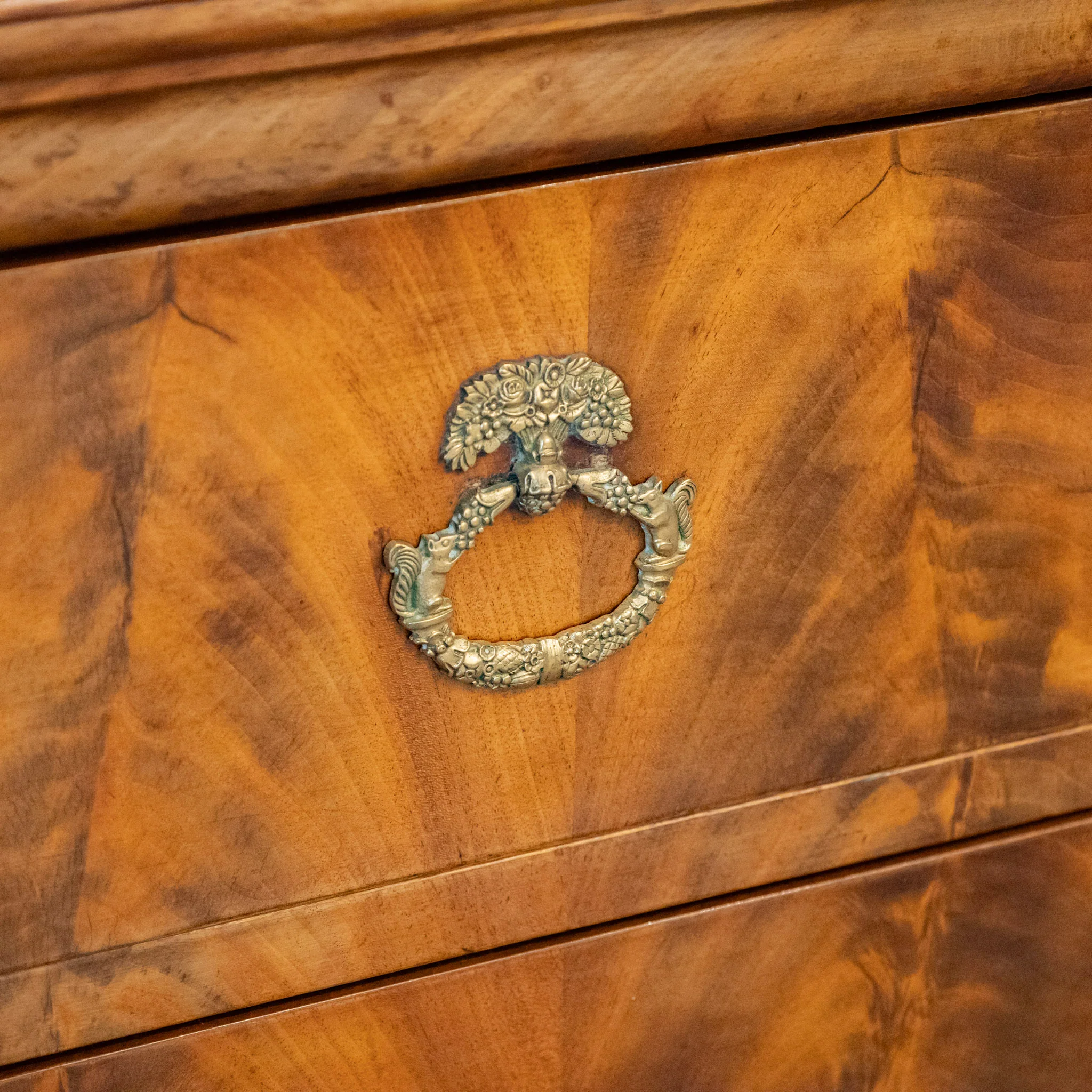 Louis Philippe Burl Wood Chest – Ornate Pulls & Black Marble Top - Image 13