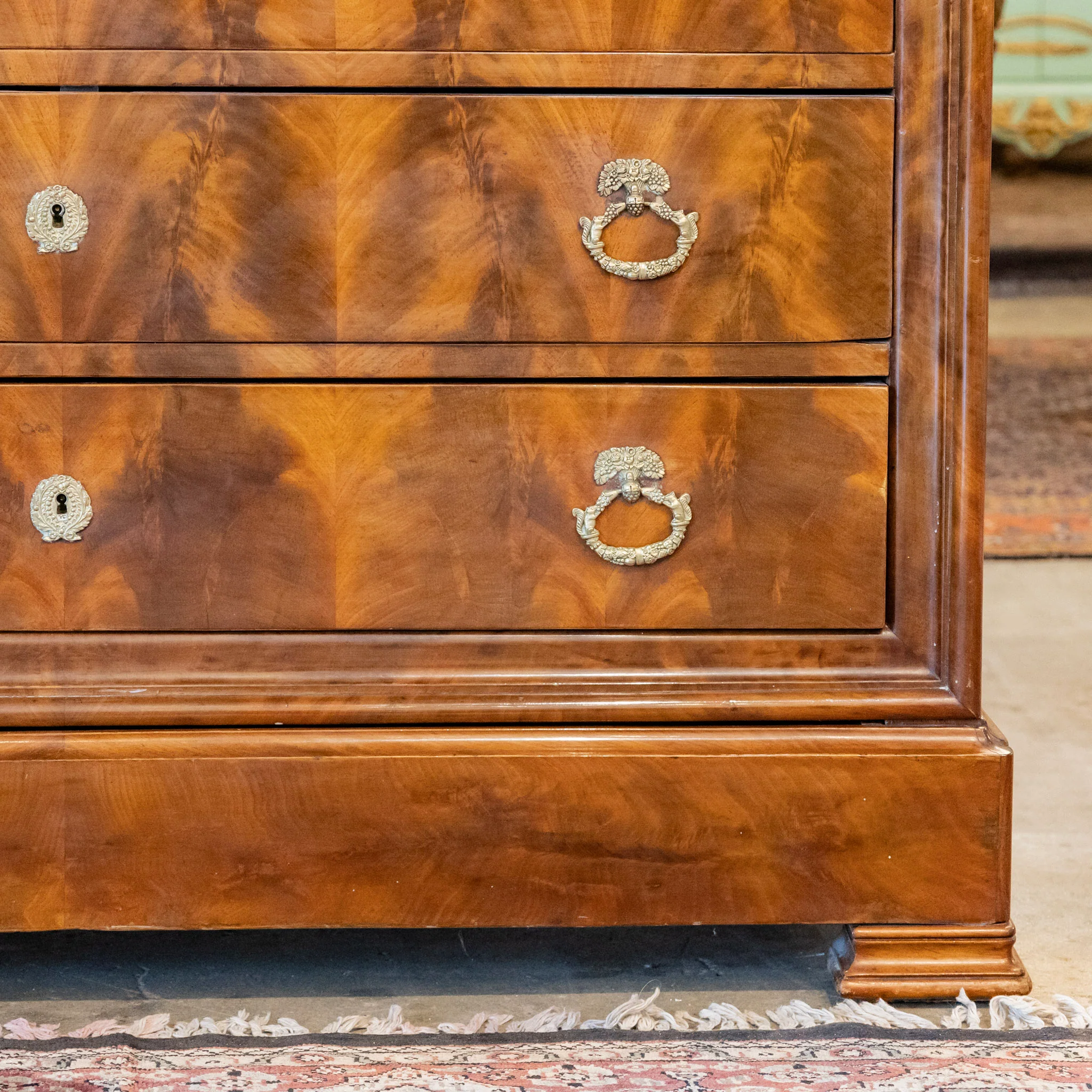 Louis Philippe Burl Wood Chest – Ornate Pulls & Black Marble Top - Image 14