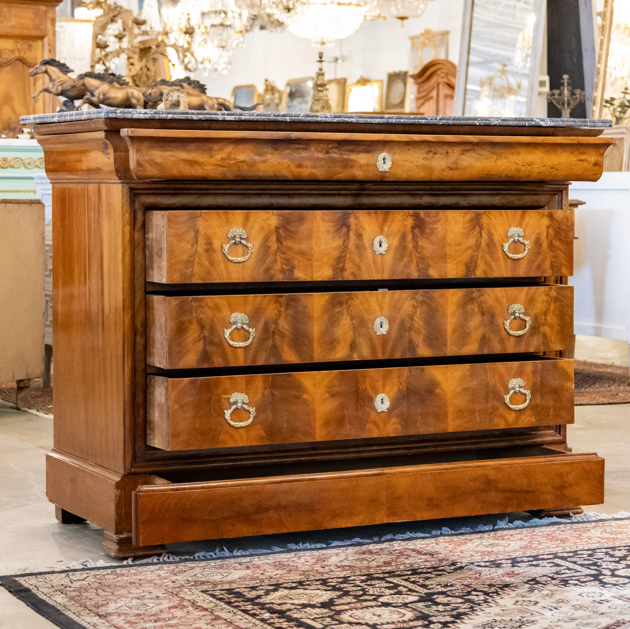 Louis Philippe Burl Wood Chest – Ornate Pulls & Black Marble Top - Image 3