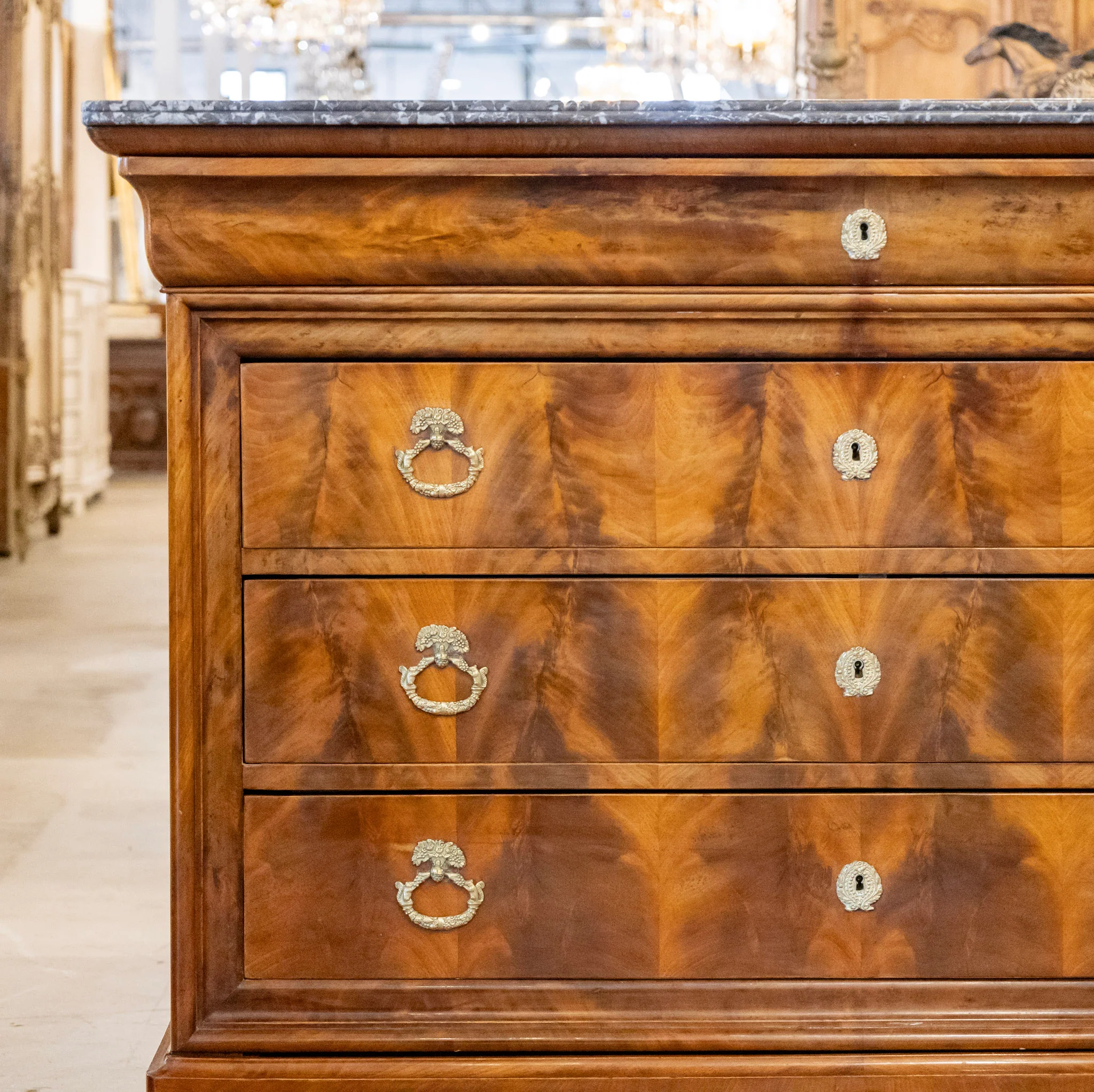 Louis Philippe Burl Wood Chest – Ornate Pulls & Black Marble Top - Image 4