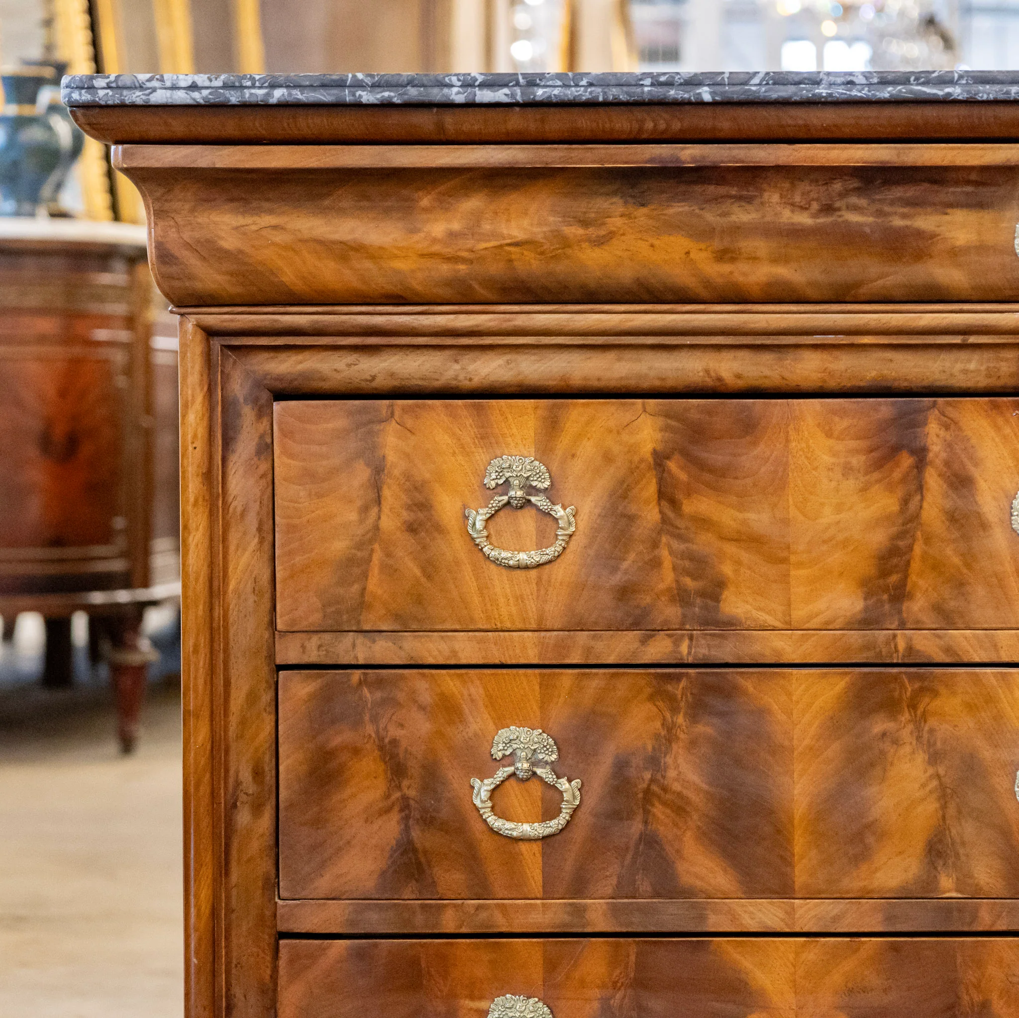 Louis Philippe Burl Wood Chest – Ornate Pulls & Black Marble Top - Image 5