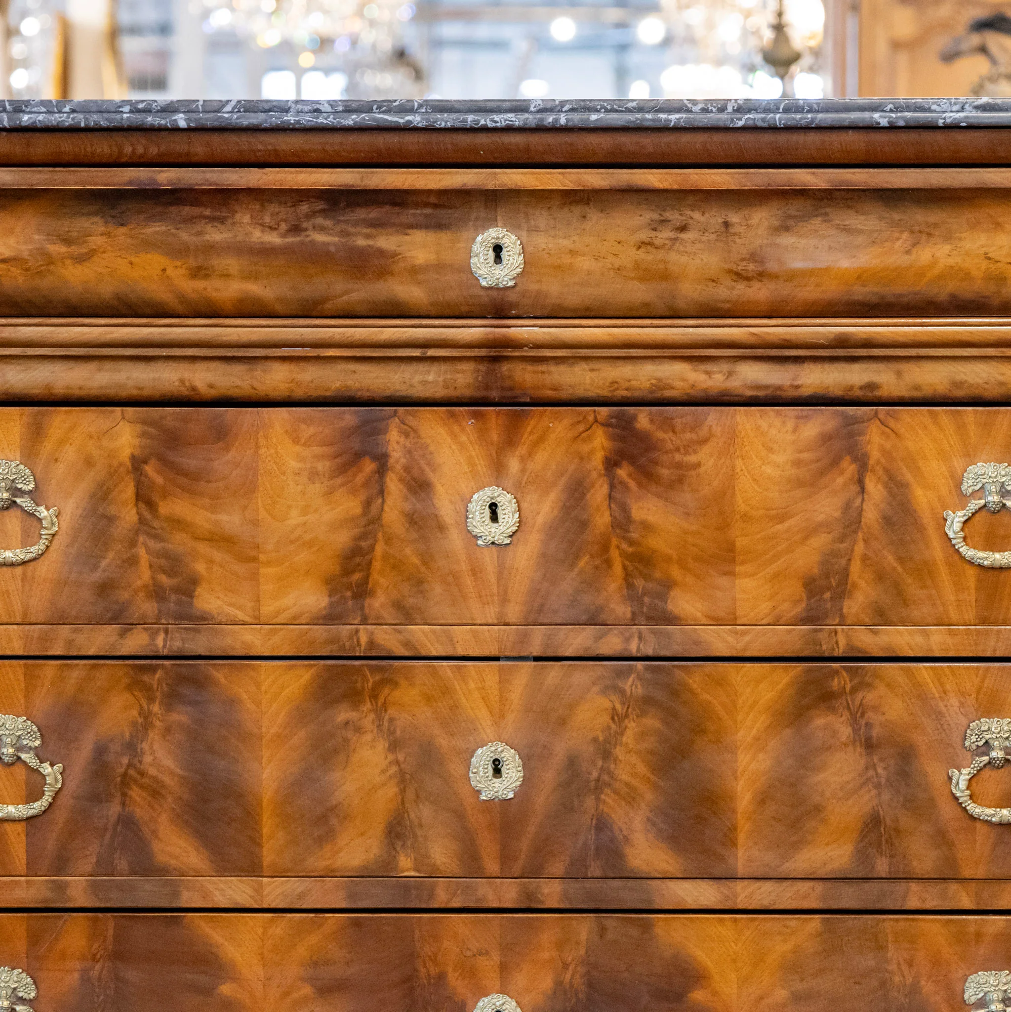 Louis Philippe Burl Wood Chest – Ornate Pulls & Black Marble Top - Image 7