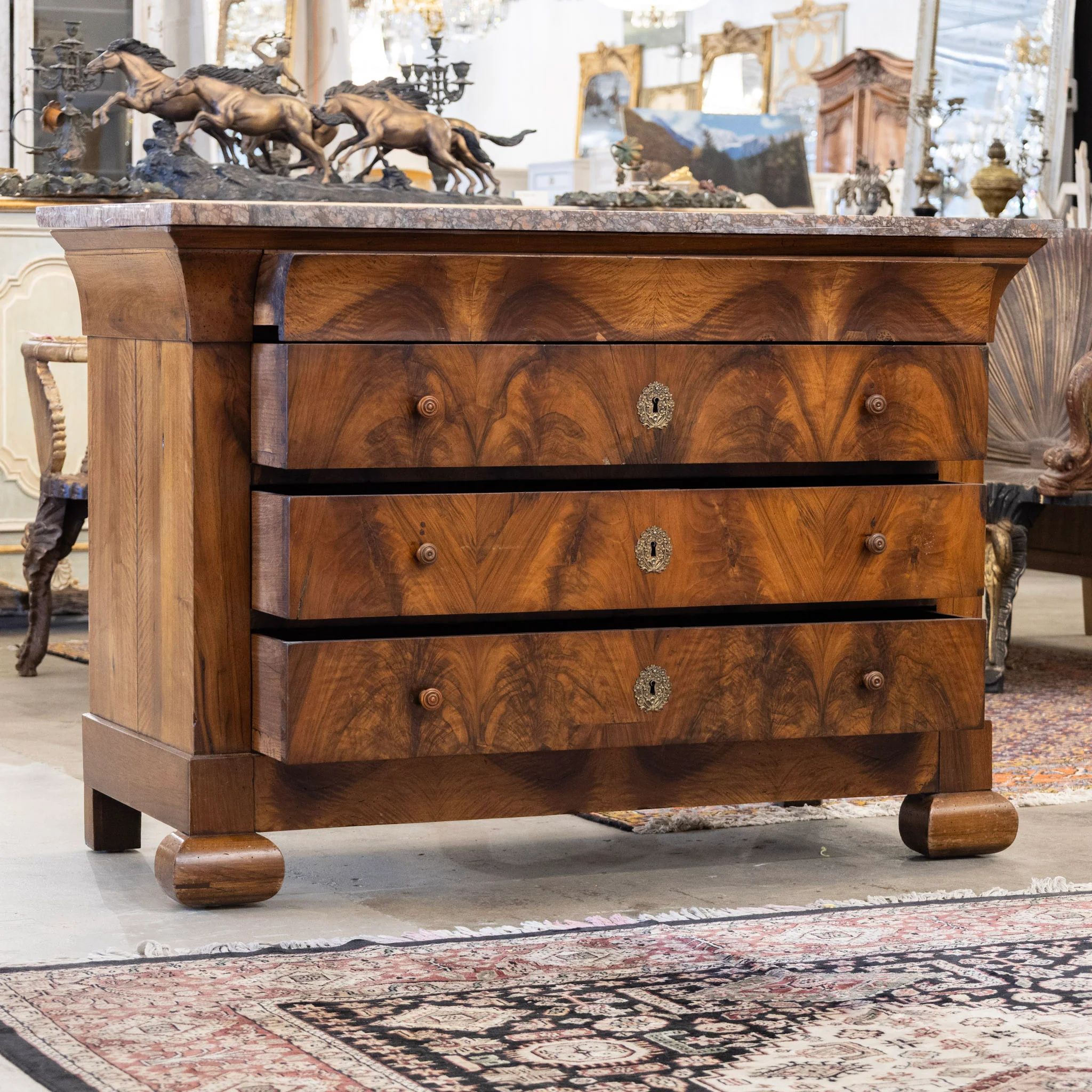 Louis Philippe Burl Wood Chest – Rounded Feet & Breccia Marble Top - Image 3