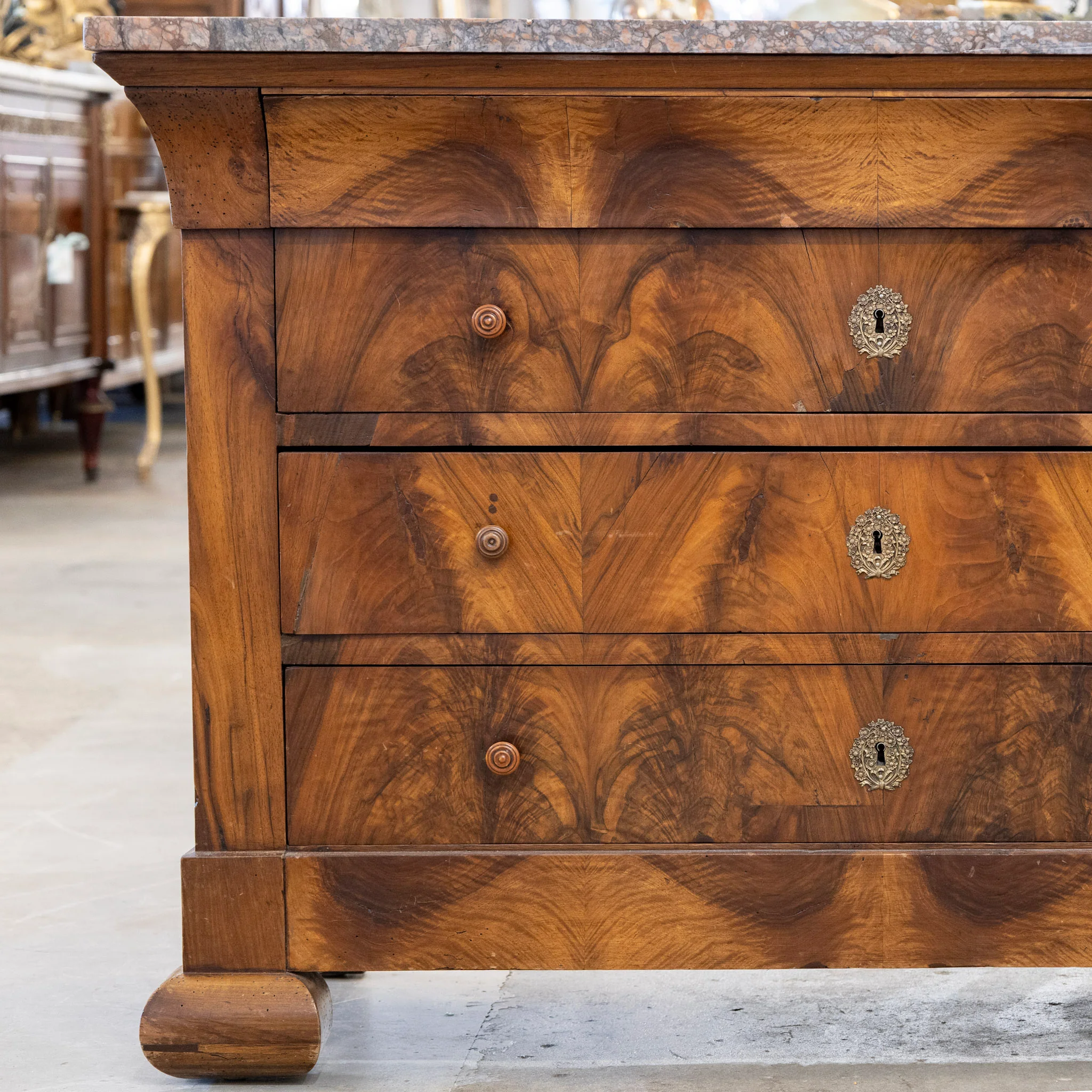 Louis Philippe Burl Wood Chest – Rounded Feet & Breccia Marble Top - Image 4