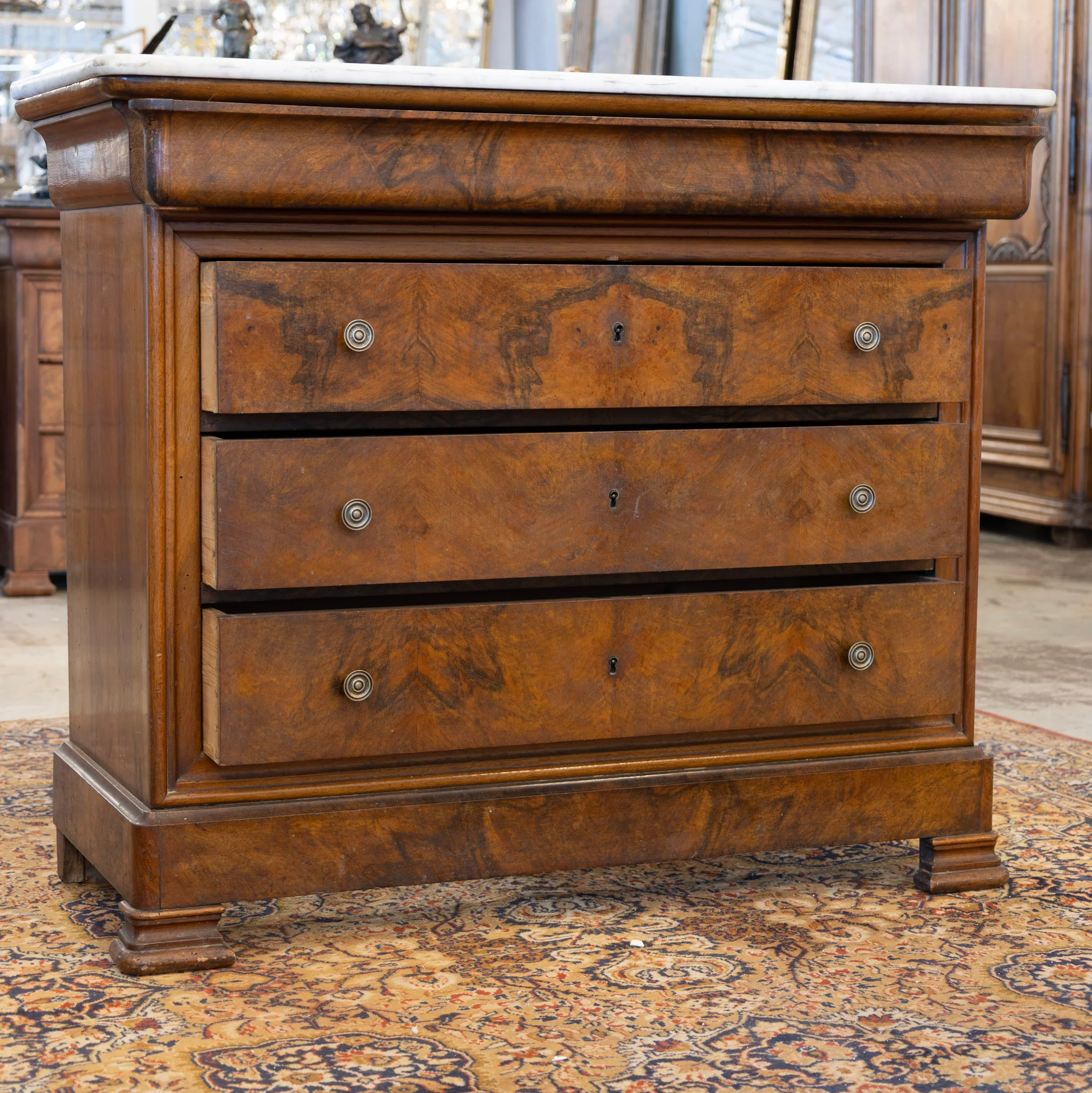 Louis Philippe Burl Wood Chest – White Marble Top & Brass Pulls - Image 3