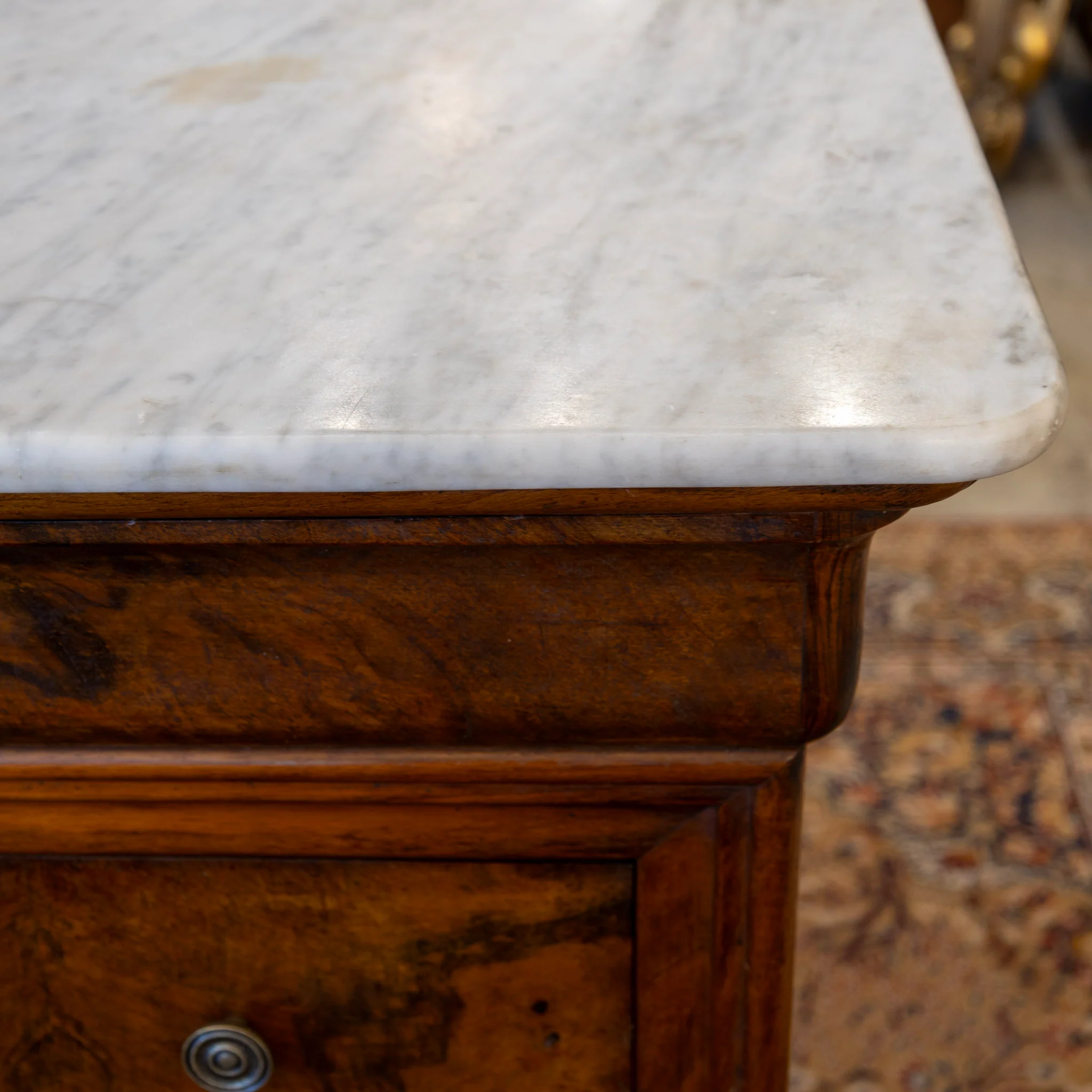 Louis Philippe Burl Wood Chest – White Marble Top & Brass Pulls - Image 5