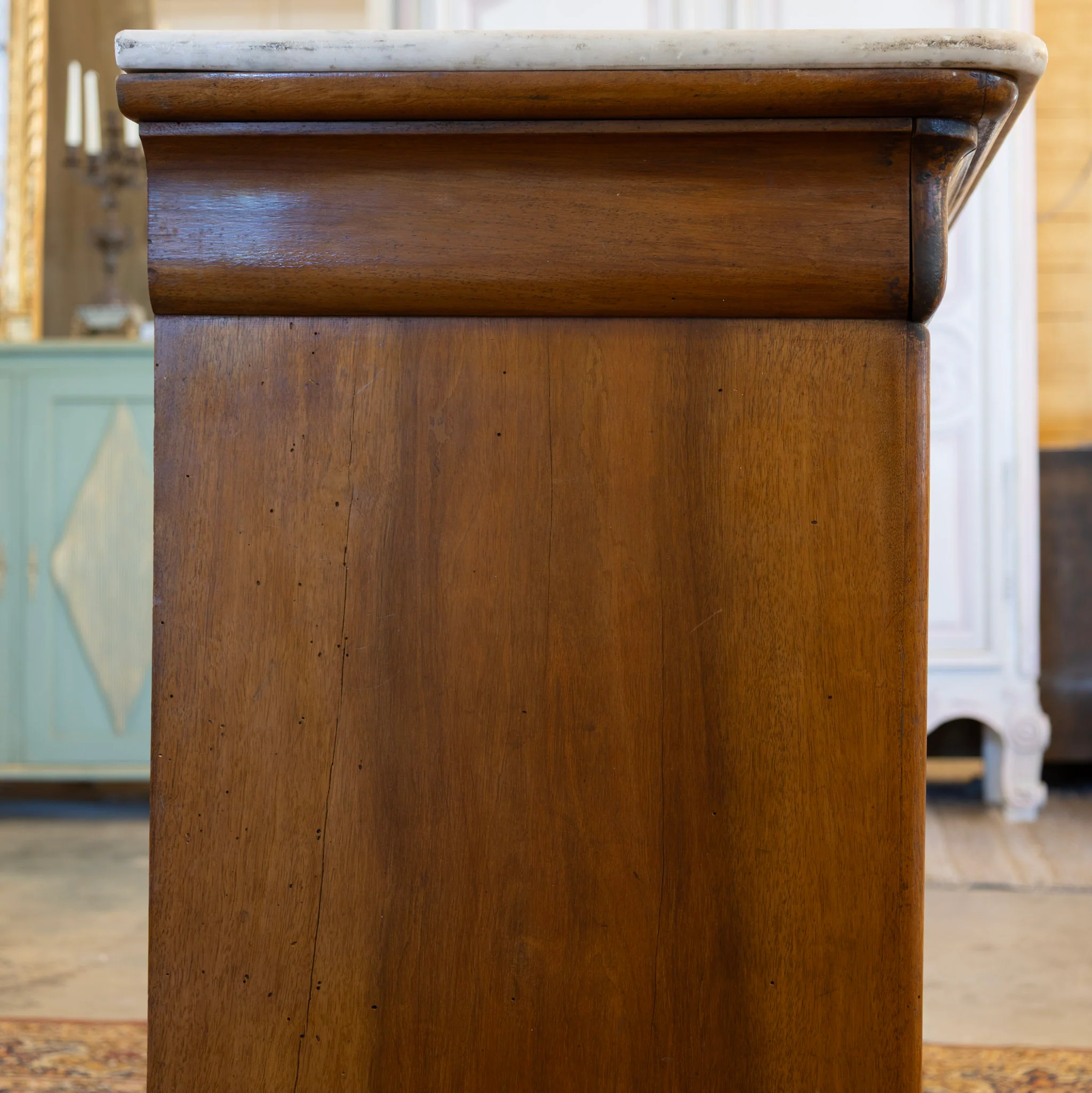 Louis Philippe Burl Wood Chest – White Marble Top & Brass Pulls - Image 6