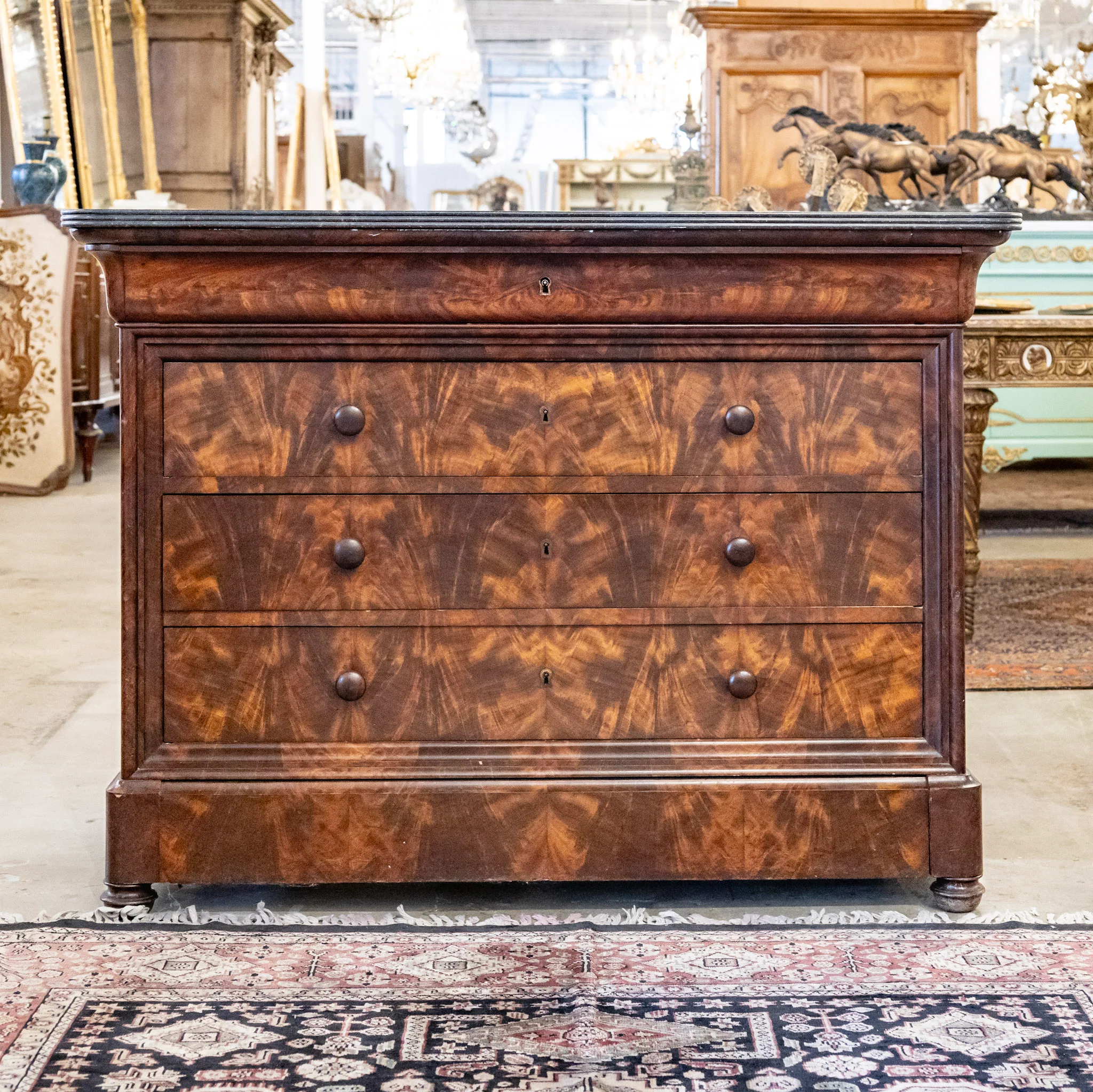 Louis Philippe Burl Wood Chest – Wood Knobs & Black Marble Top