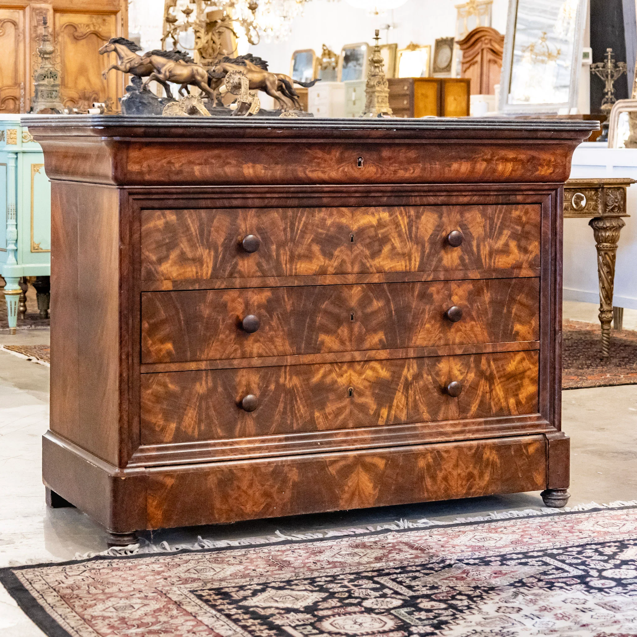 Louis Philippe Burl Wood Chest – Wood Knobs & Black Marble Top - Image 2