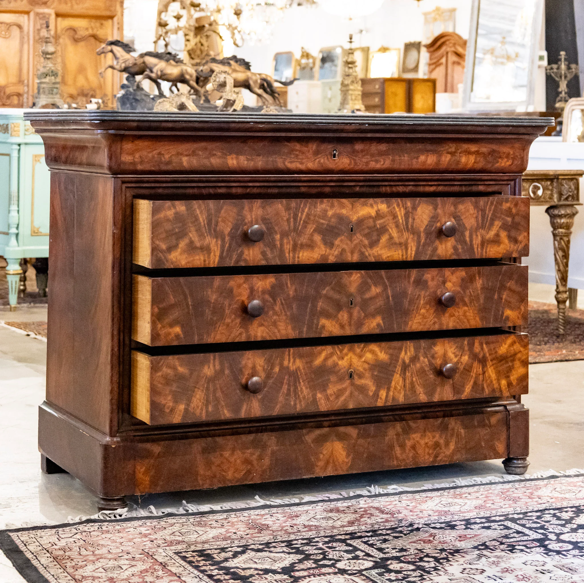 Louis Philippe Burl Wood Chest – Wood Knobs & Black Marble Top - Image 3
