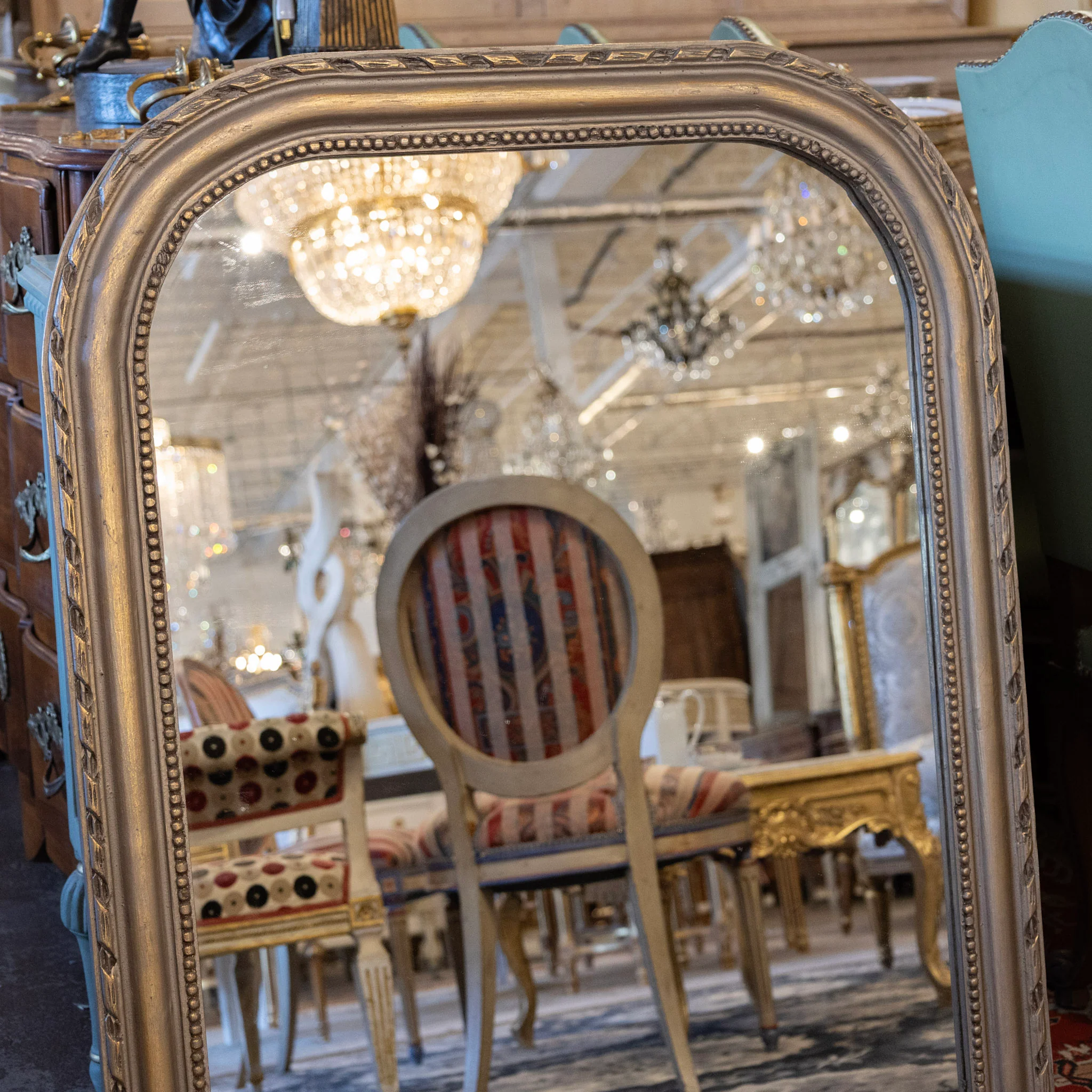 Louis Philippe Champagne Finish Mirror – Beaded & Rope Carved Trim - Image 2