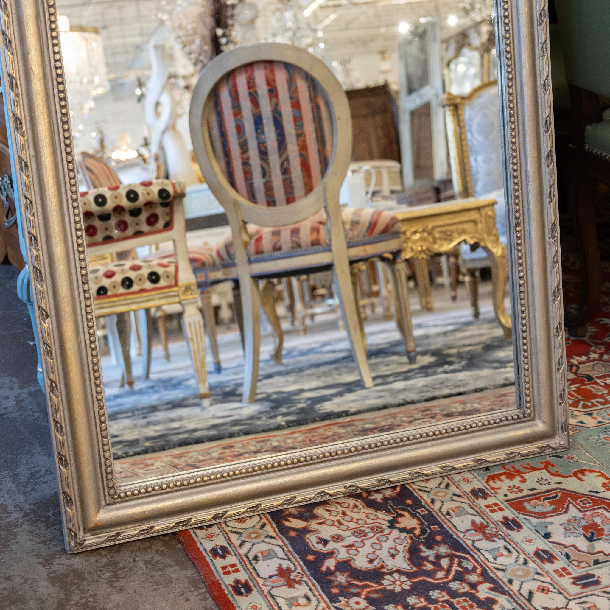 Louis Philippe Champagne Finish Mirror – Beaded & Rope Carved Trim - Image 3