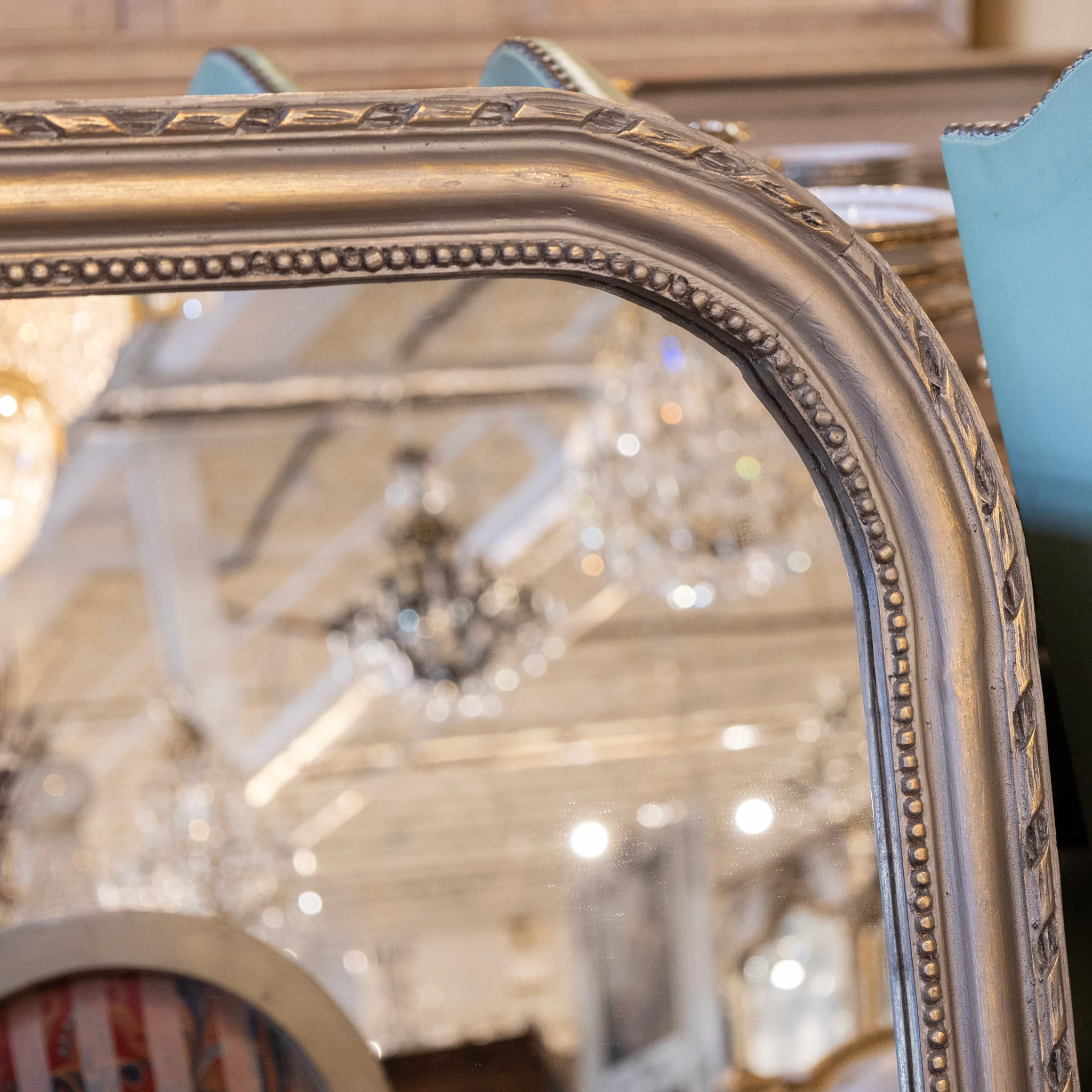 Louis Philippe Champagne Finish Mirror – Beaded & Rope Carved Trim - Image 4