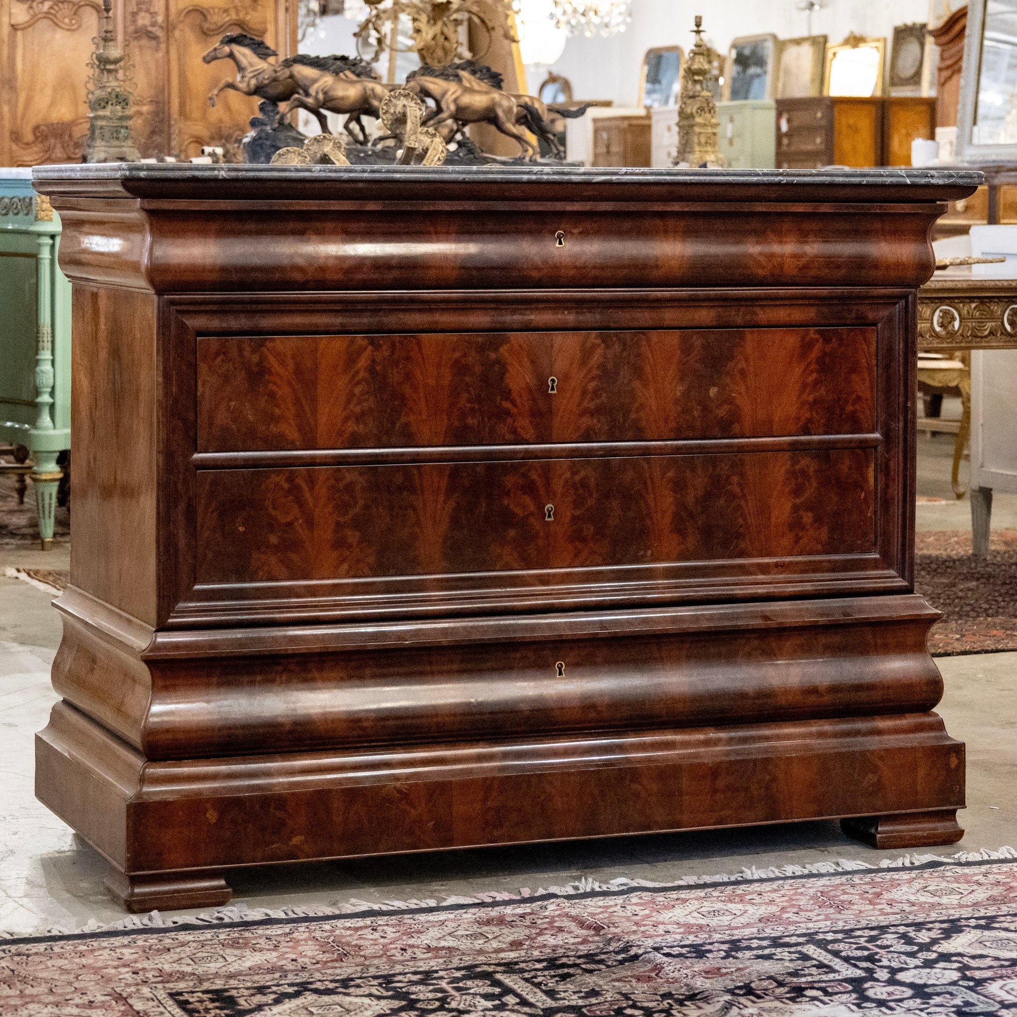 Louis Philippe Curved Burl Wood Chest – Black Marble Top - Image 3