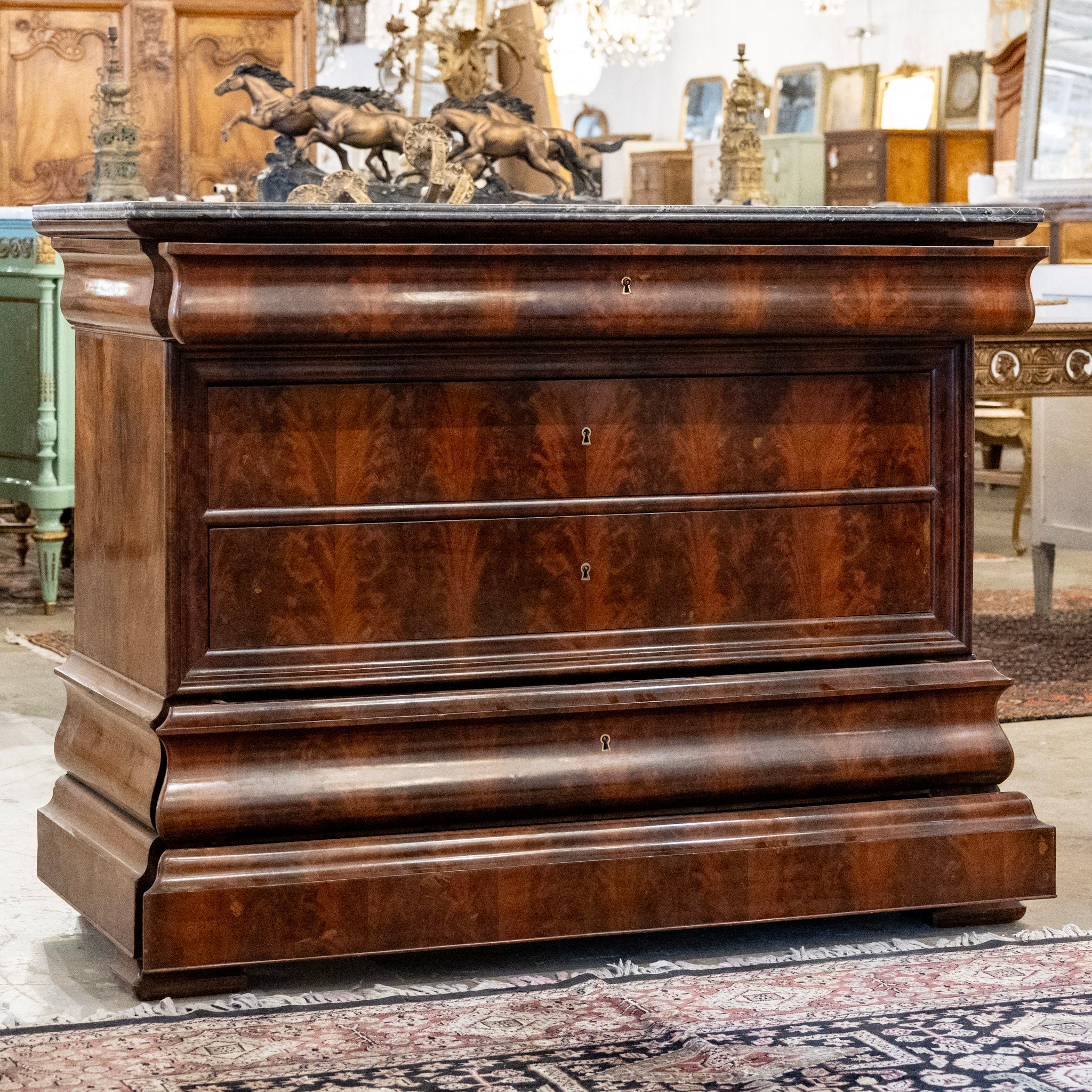 Louis Philippe Curved Burl Wood Chest – Black Marble Top - Image 4