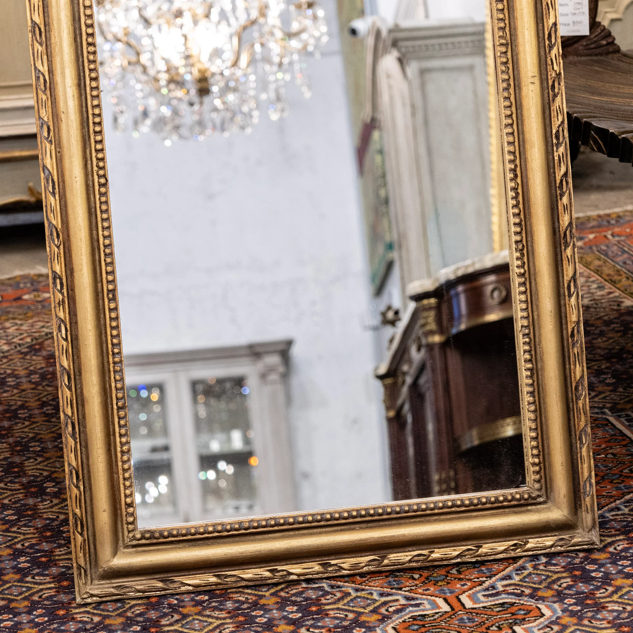 Louis Philippe Narrow Gilded Mirror – Beaded & Rope Carved Trim - Image 3