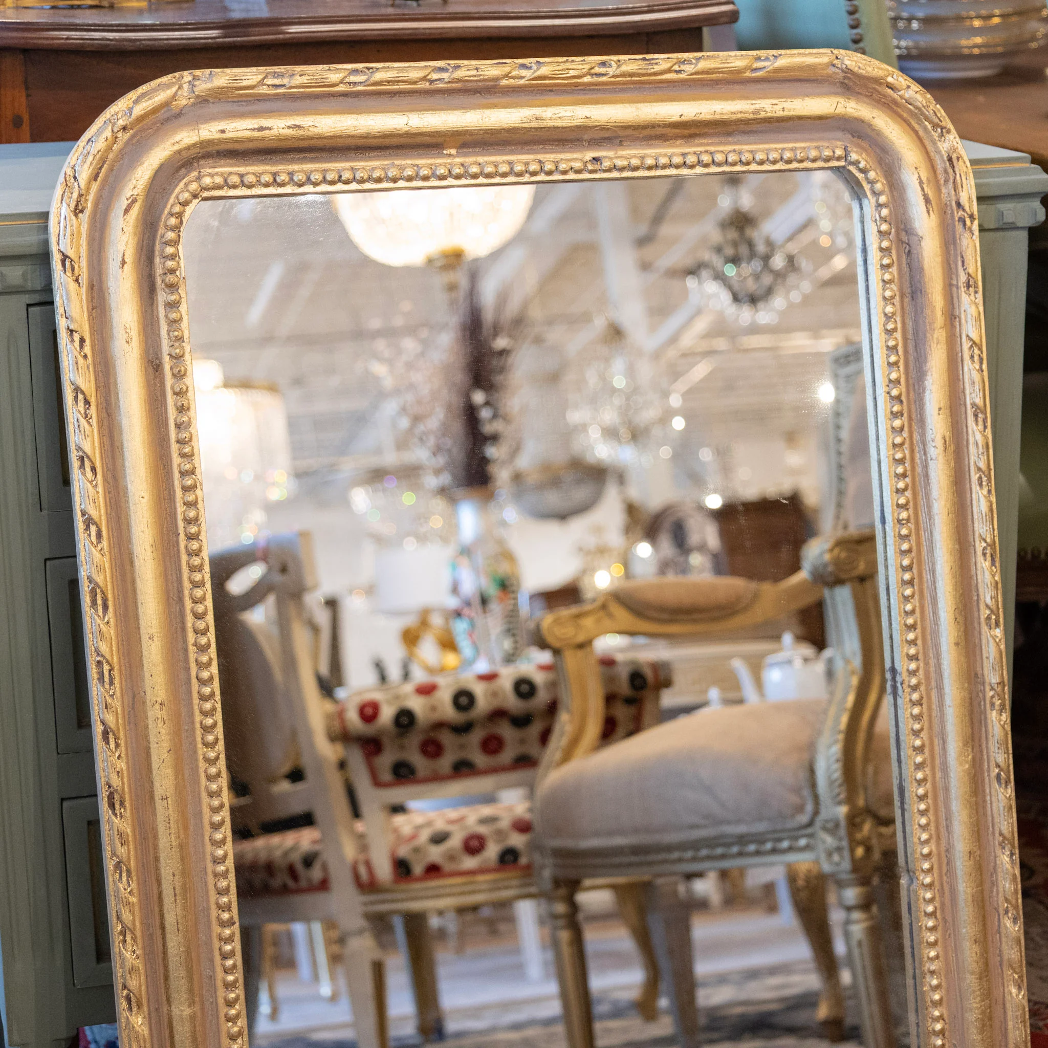 Louis Philippe Gilded Mirror – Tall Rectangular Frame with Rope & Beaded Trim - Image 2