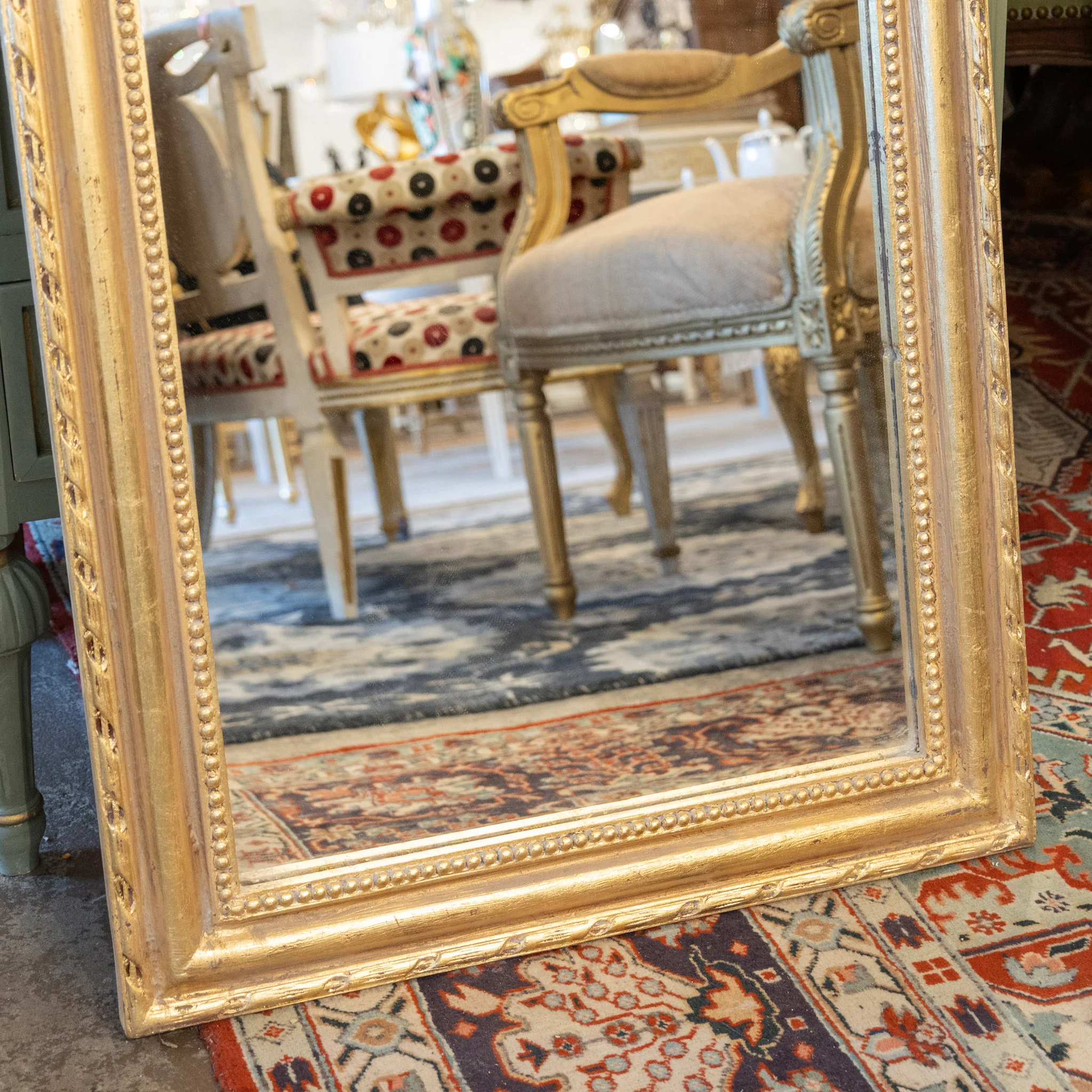 Louis Philippe Gilded Mirror – Tall Rectangular Frame with Rope & Beaded Trim - Image 3
