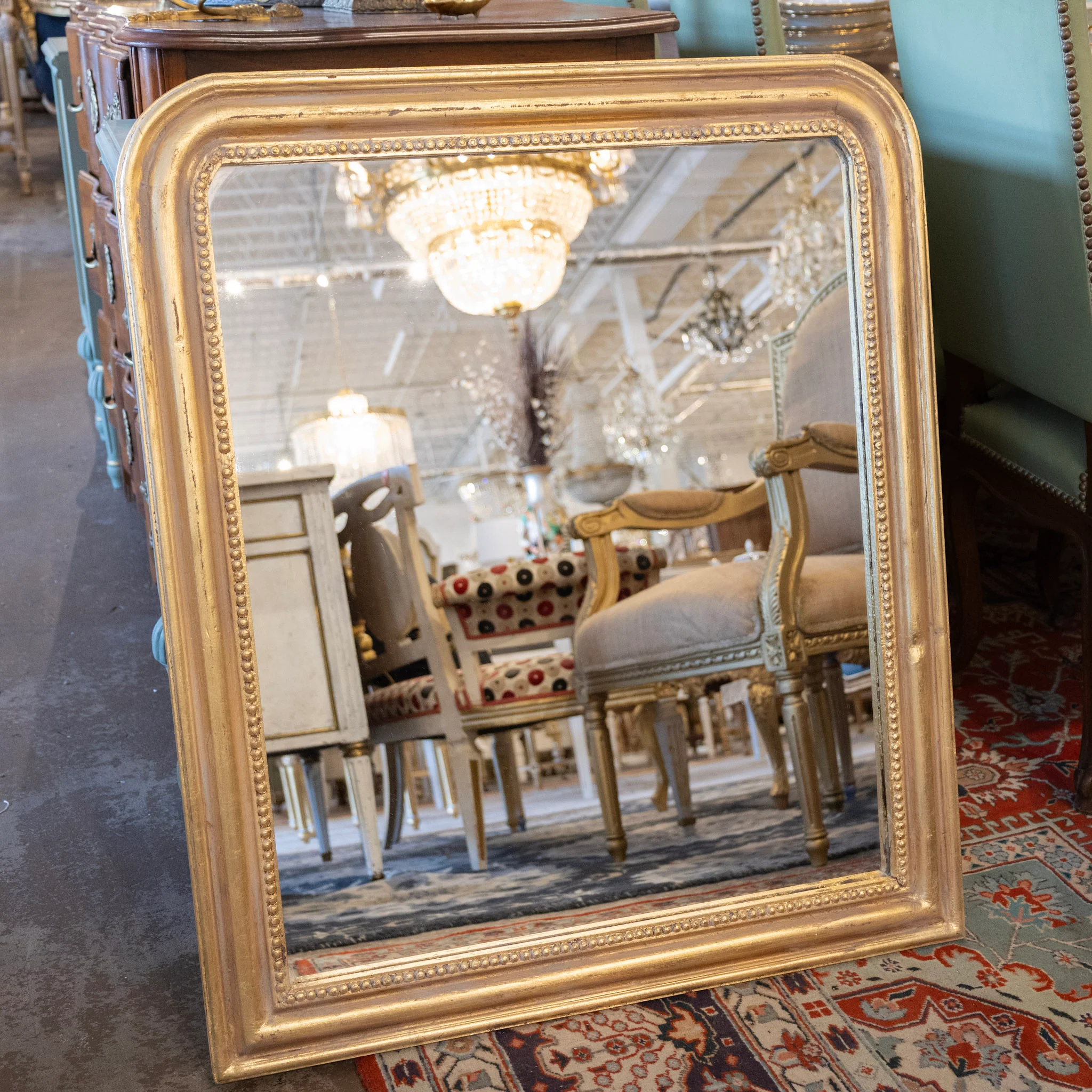 Louis Philippe Gilded Mirror – Wide Rectangular Frame with Beaded Trim