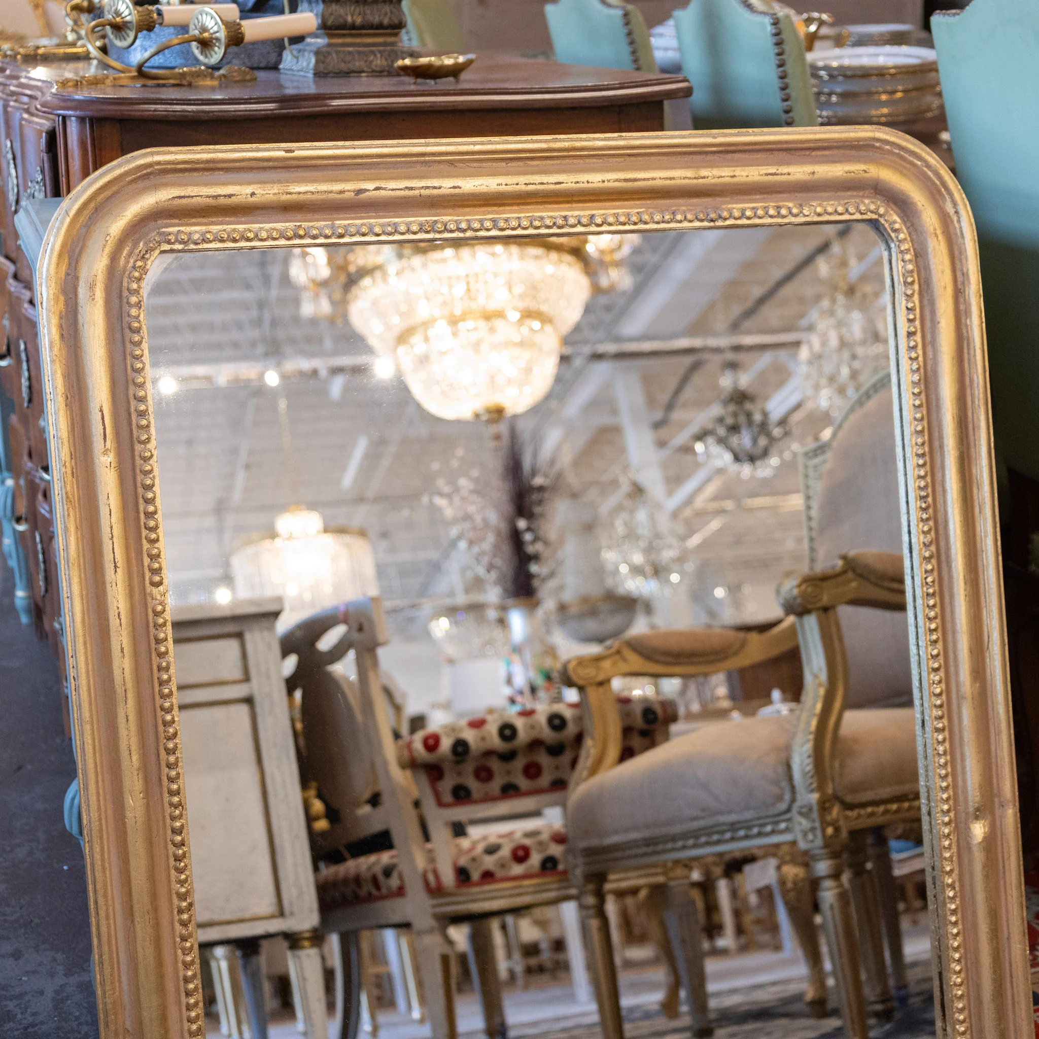 Louis Philippe Gilded Mirror – Wide Rectangular Frame with Beaded Trim - Image 2