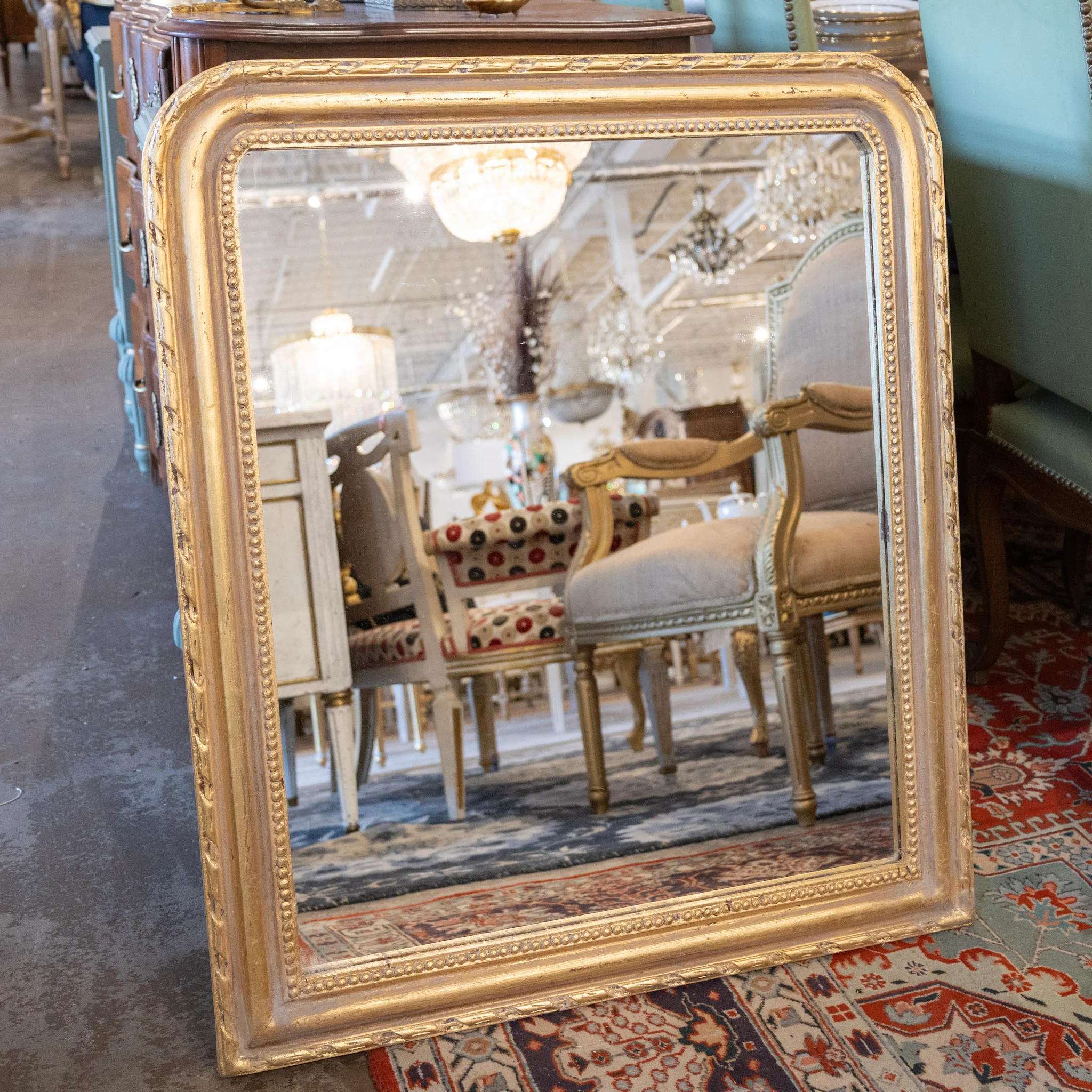 Louis Philippe Gilded Mirror – Wide Rectangular Frame with Rope & Beaded Trim