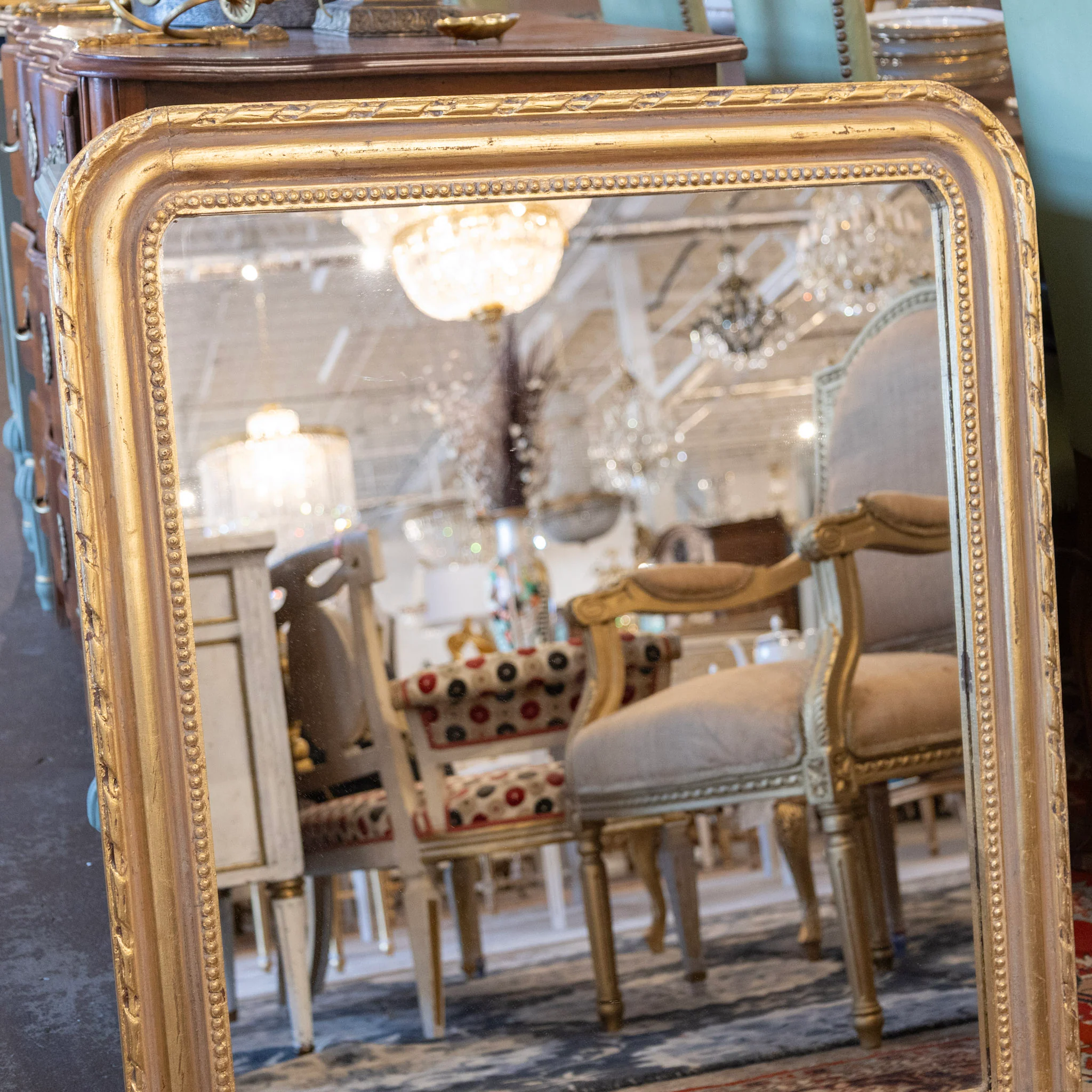 Louis Philippe Gilded Mirror – Wide Rectangular Frame with Rope & Beaded Trim - Image 2