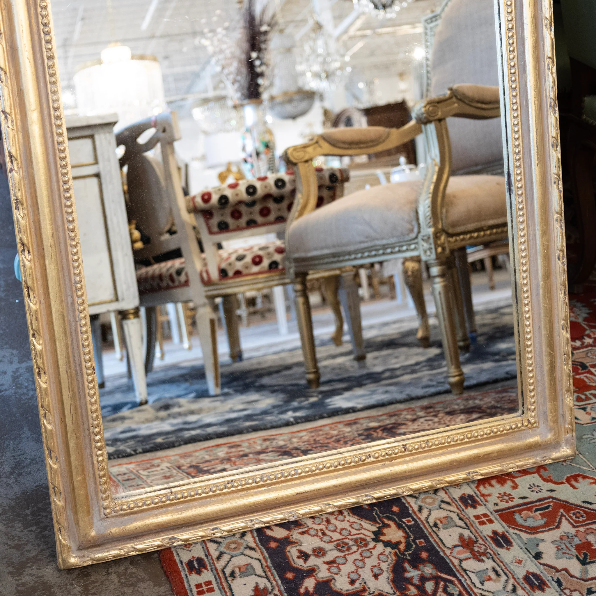 Louis Philippe Gilded Mirror – Wide Rectangular Frame with Rope & Beaded Trim - Image 3