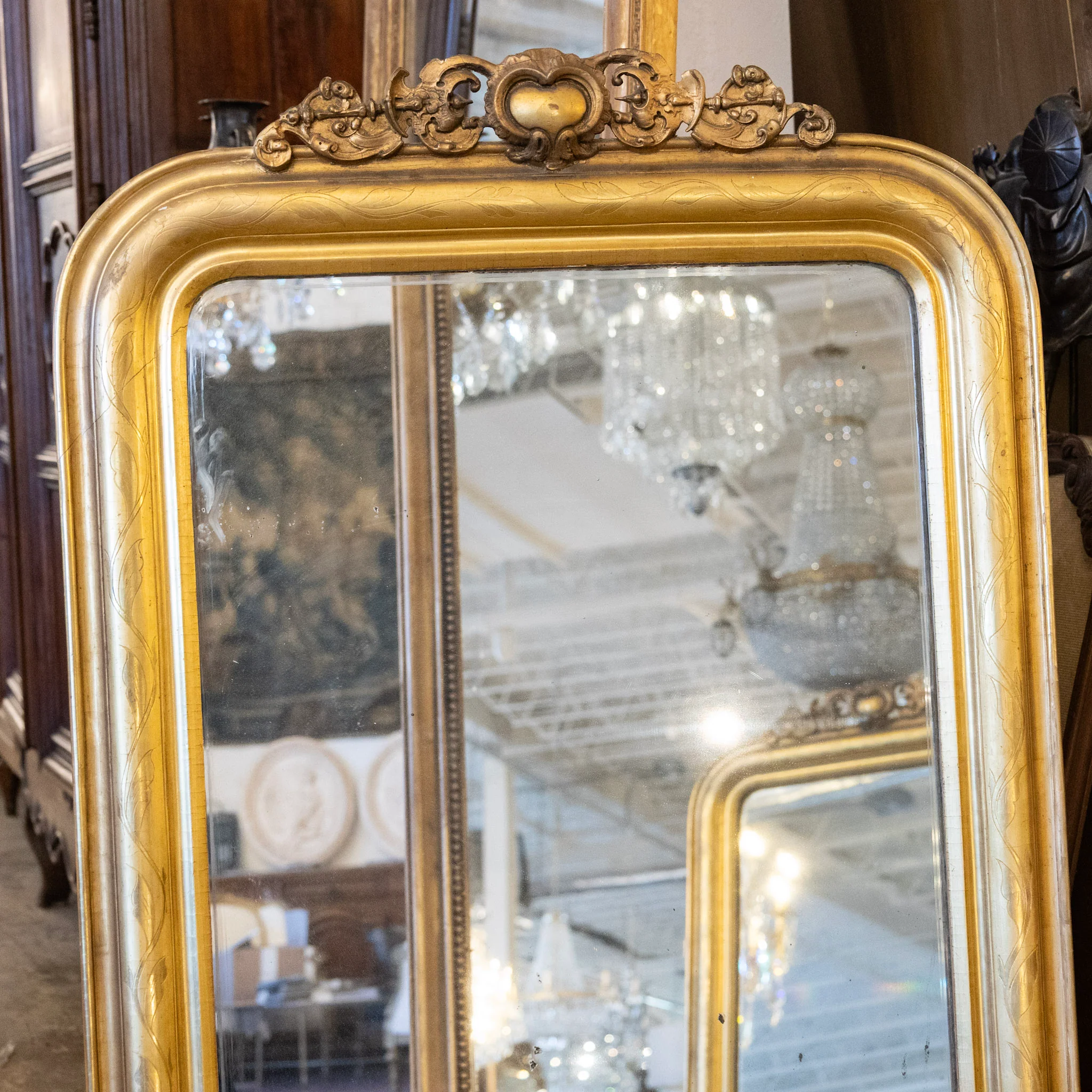 Louis Philippe Gilded Mirror with Floral Trim & Carved Crest - Image 2