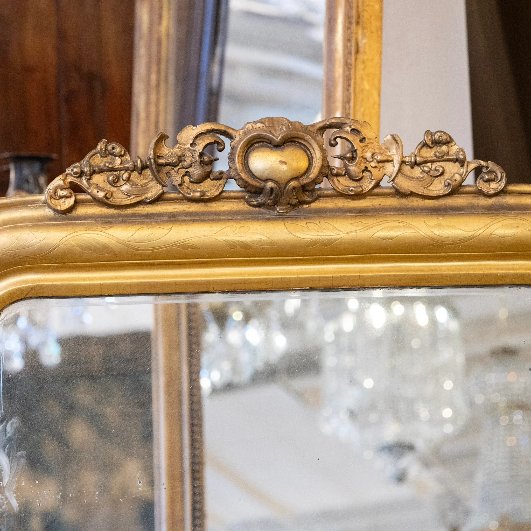 Louis Philippe Gilded Mirror with Floral Trim & Carved Crest - Image 3