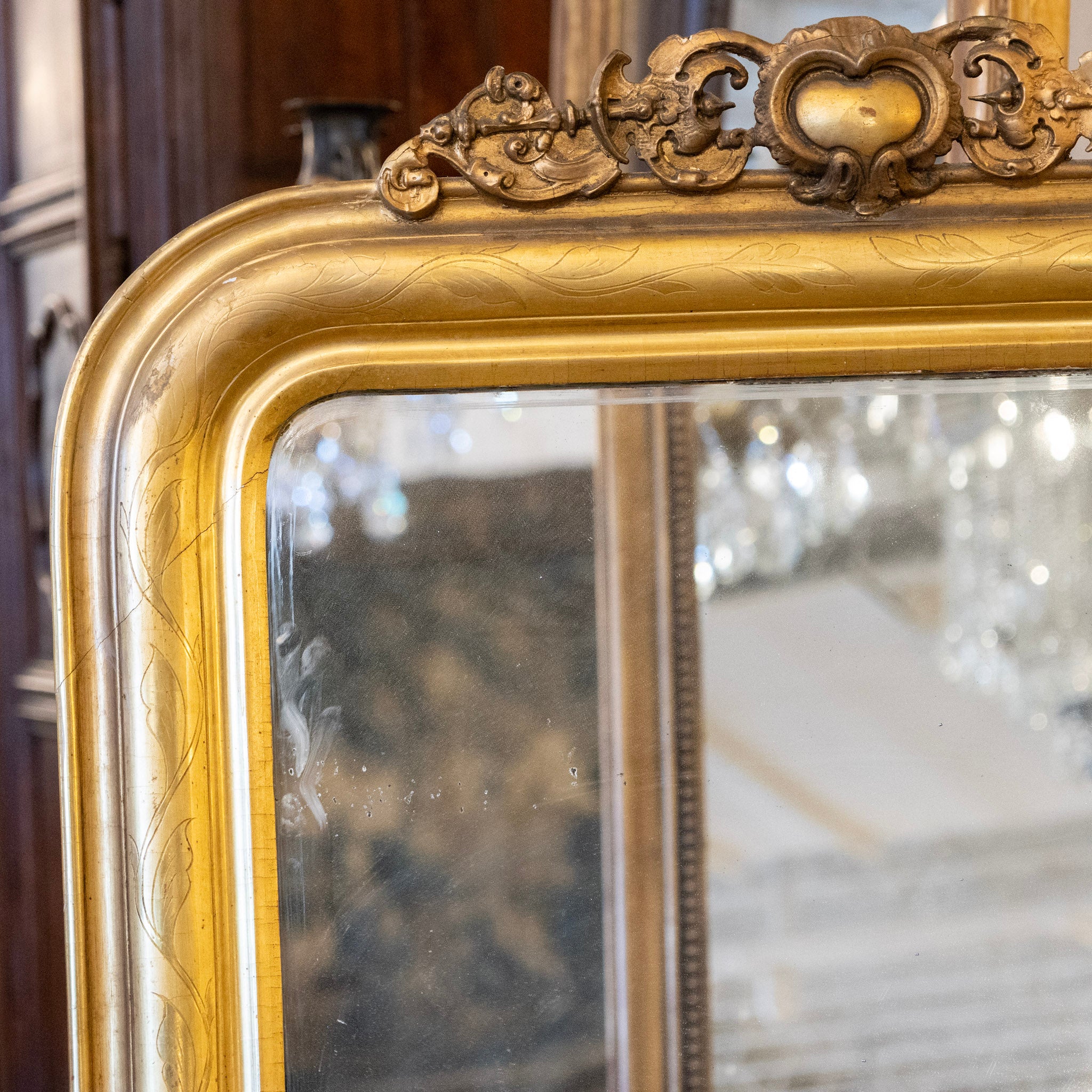 Louis Philippe Gilded Mirror with Floral Trim & Carved Crest - Image 4