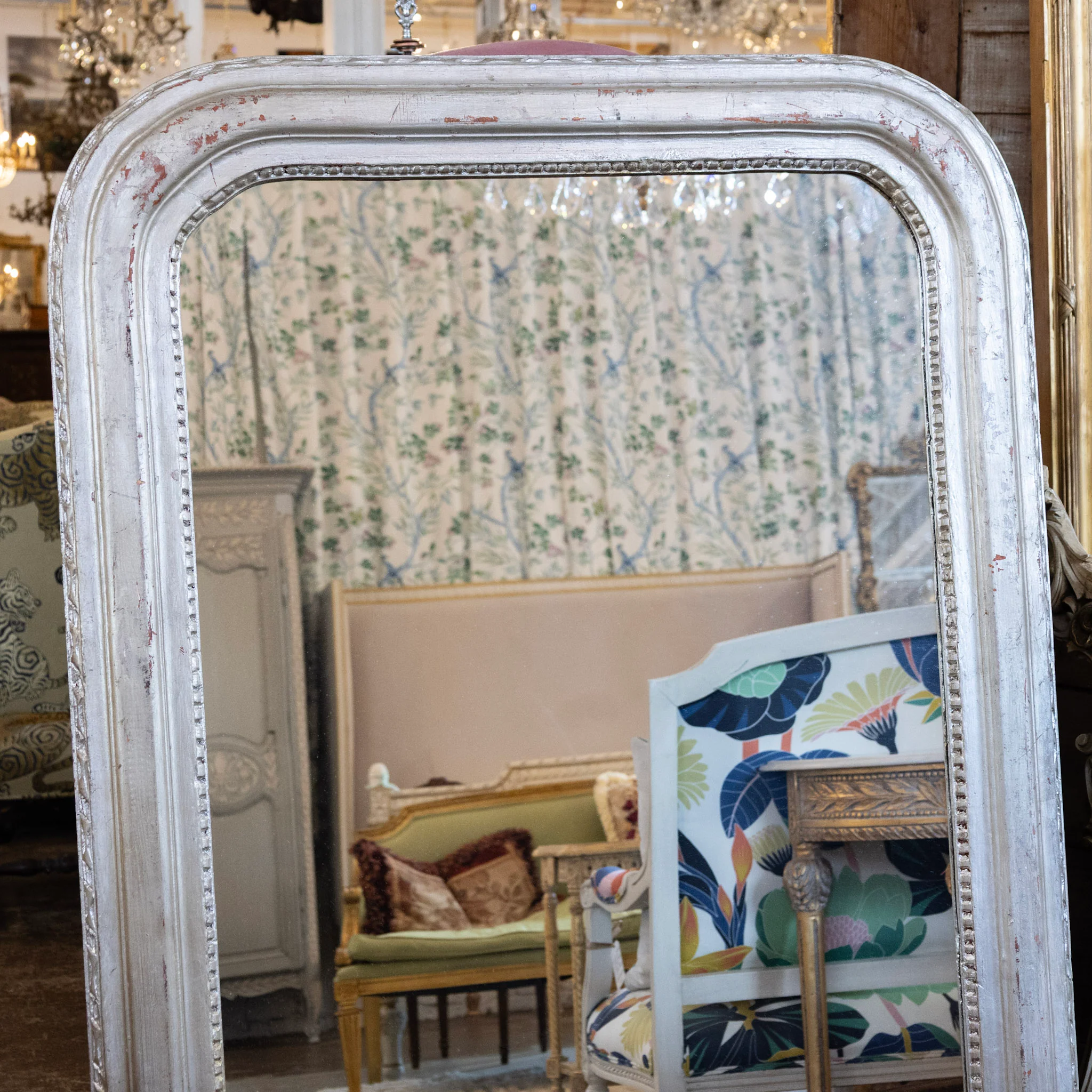Louis Philippe Grand Silver Leaf Mirror – Rounded Beaded Frame with Patina - Image 2