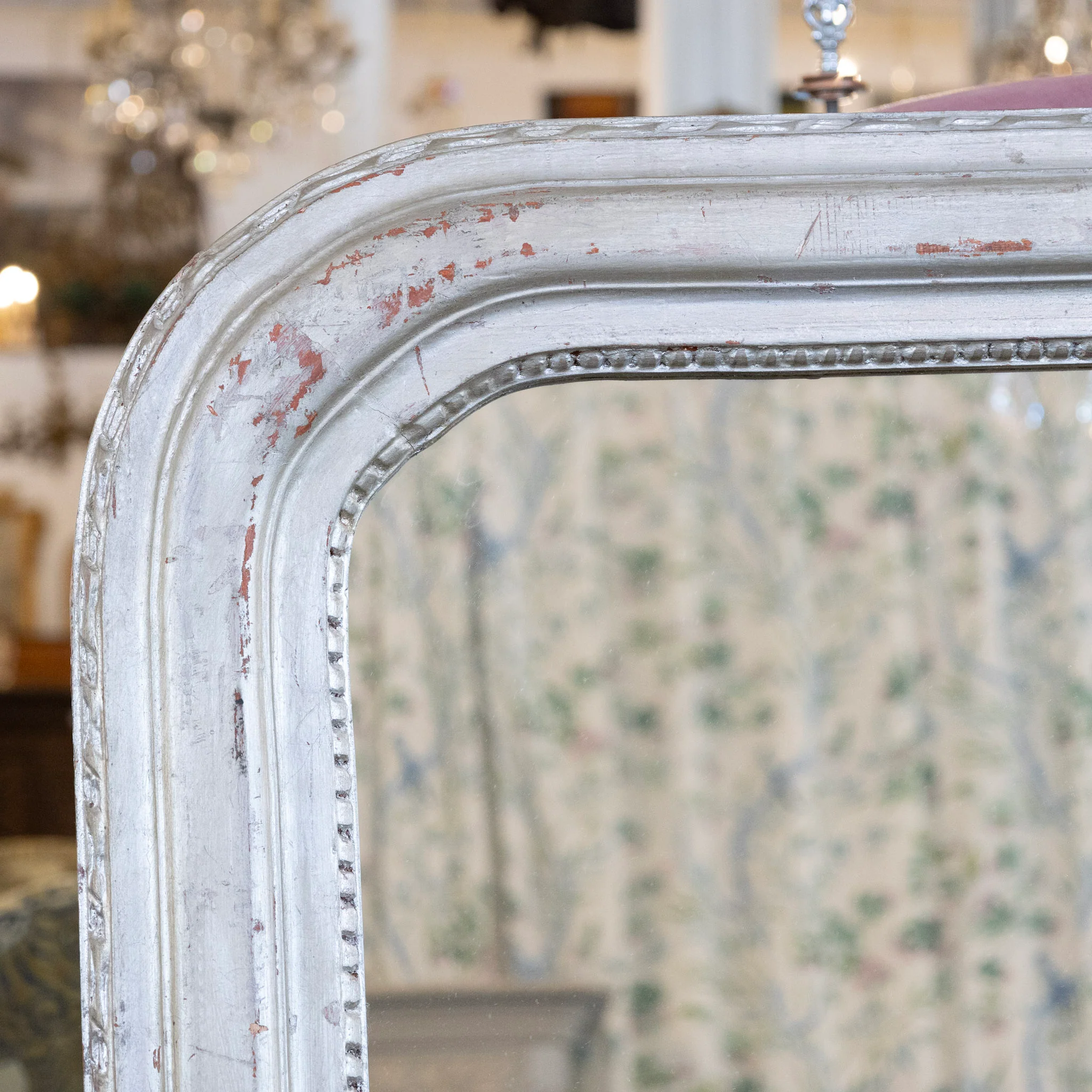 Louis Philippe Grand Silver Leaf Mirror – Rounded Beaded Frame with Patina - Image 4