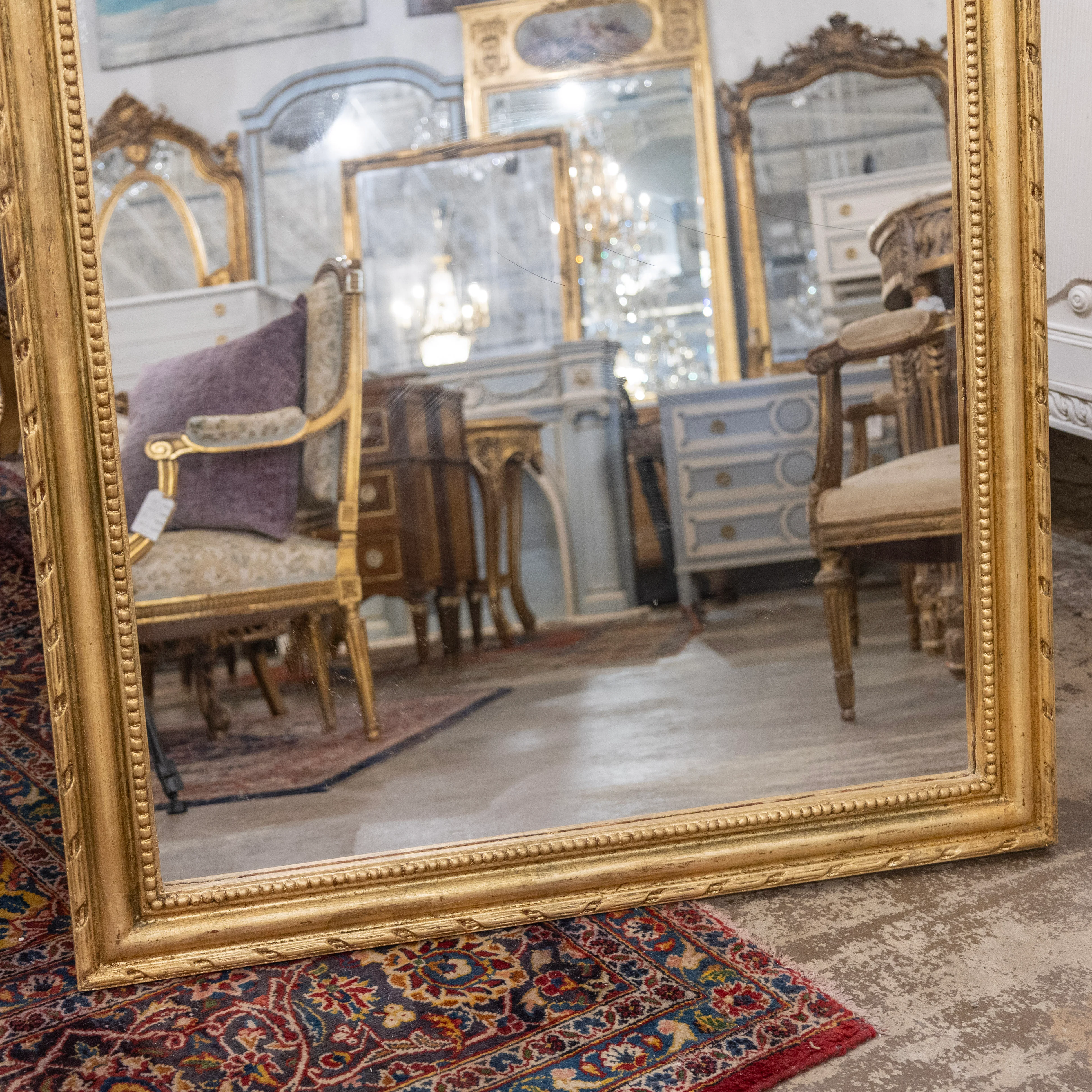 Louis Philippe Wide Gilded Mirror – Beaded & Rope Carved Trim - Image 3