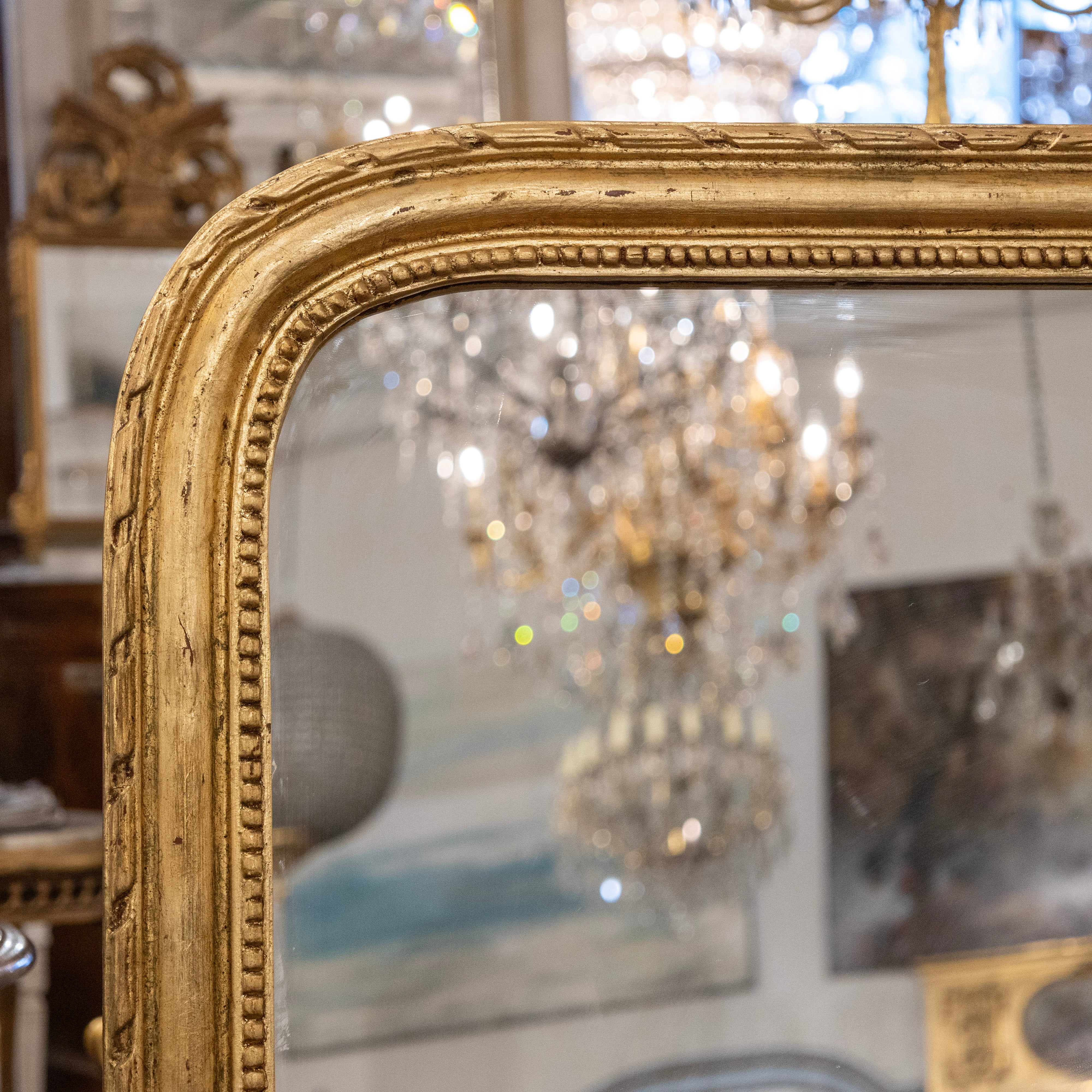 Louis Philippe Wide Gilded Mirror – Beaded & Rope Carved Trim - Image 4