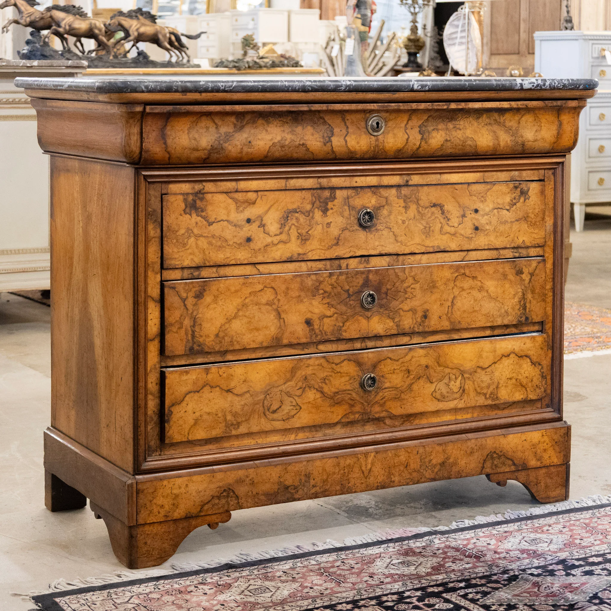 Louis Philippe Marbled Burl Wood Chest – Black Marble Top - Image 3