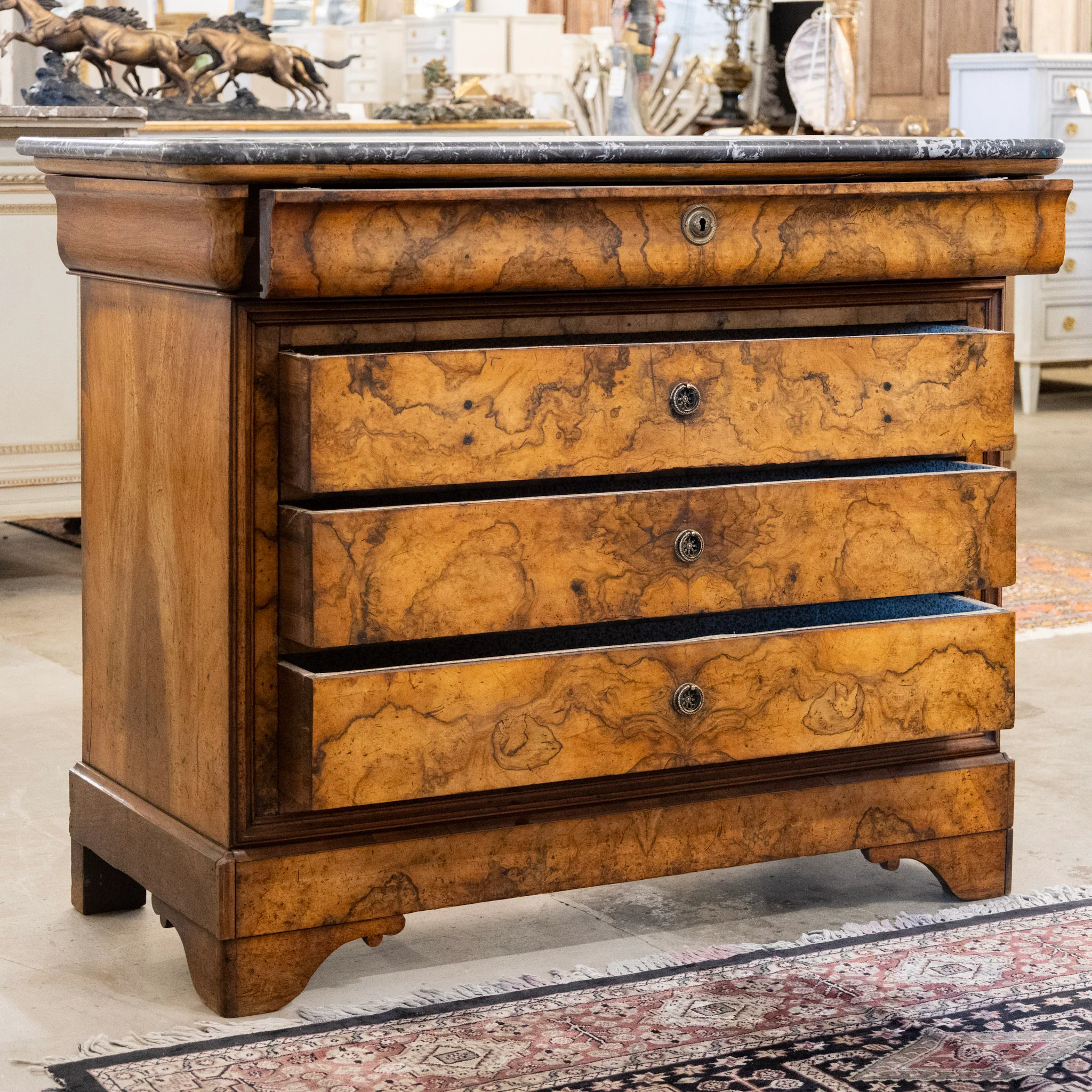 Louis Philippe Marbled Burl Wood Chest – Black Marble Top - Image 4