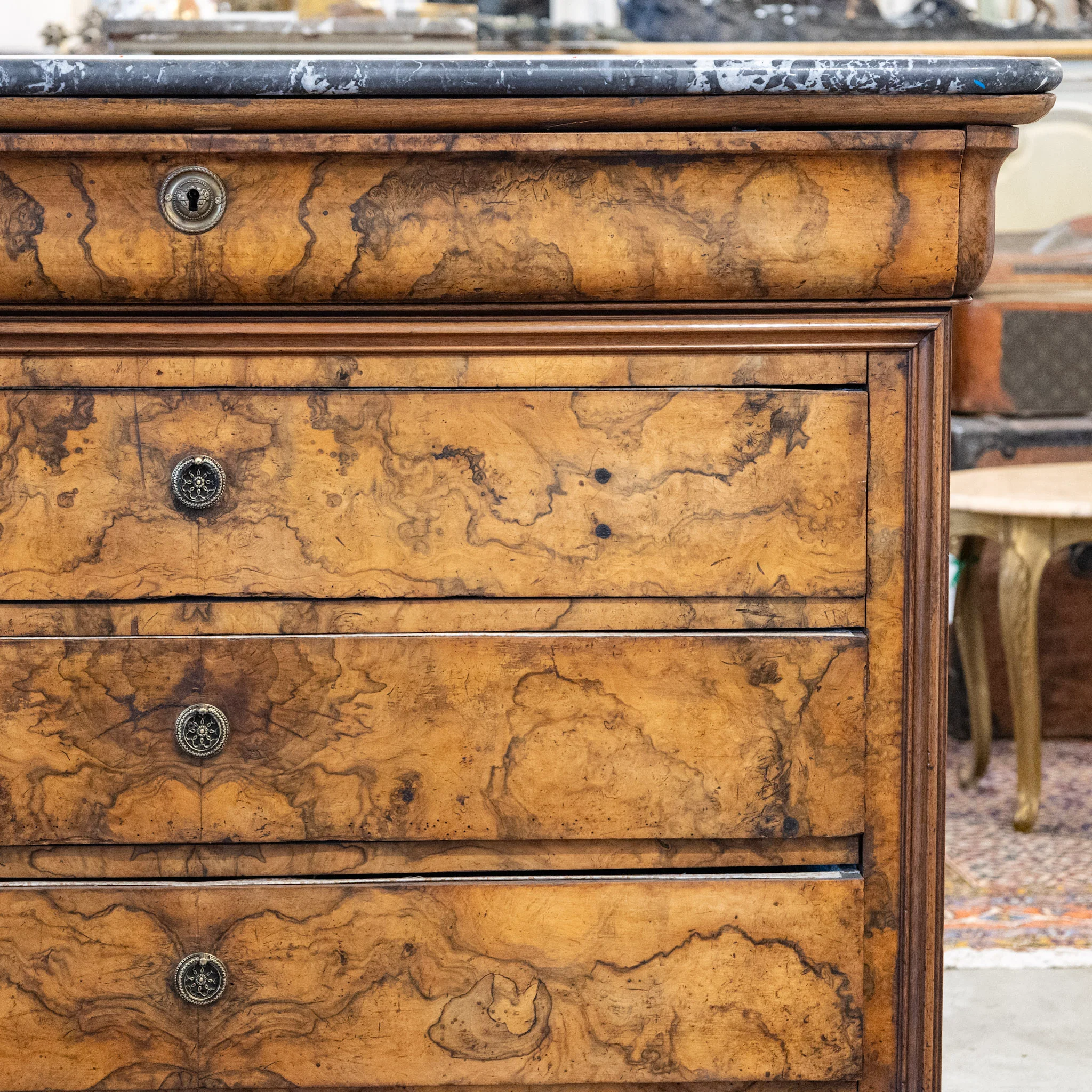 Louis Philippe Marbled Burl Wood Chest – Black Marble Top - Image 5
