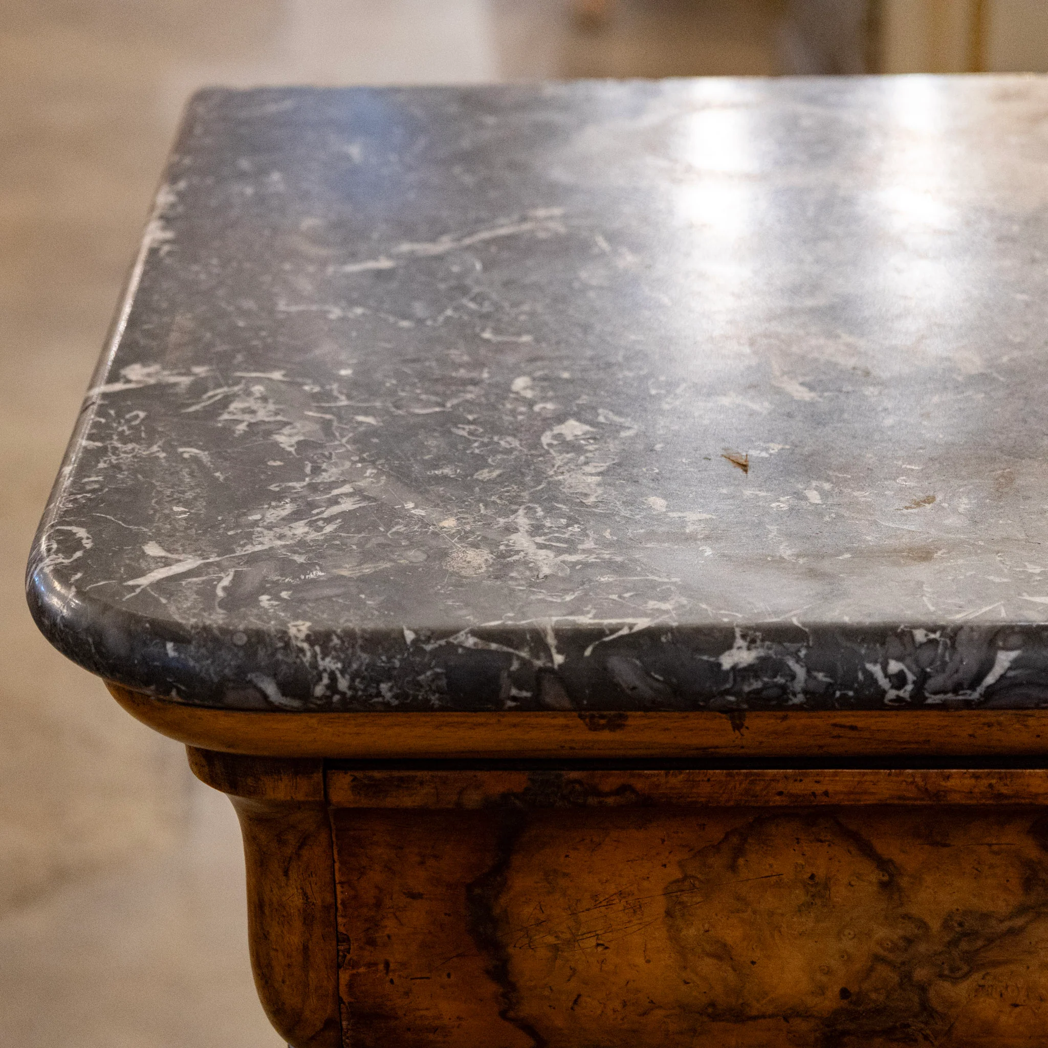 Louis Philippe Marbled Burl Wood Chest – Black Marble Top - Image 9