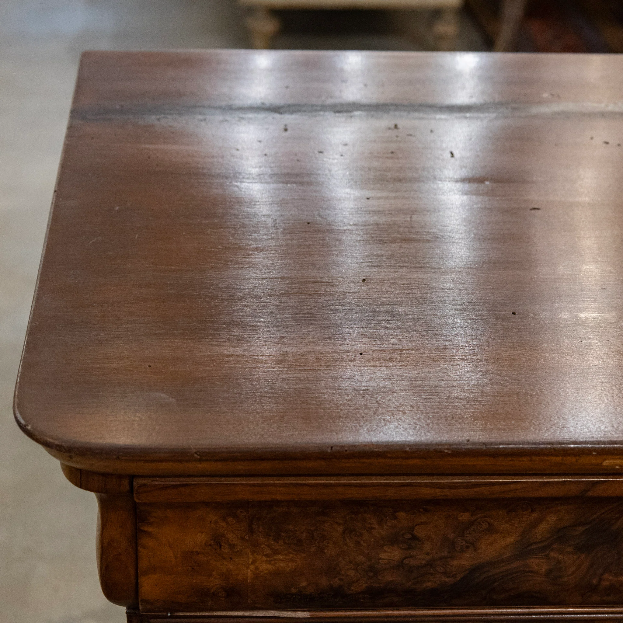 Louis Philippe Marbled Burl Wood Chest – Ornate Pulls - Image 13