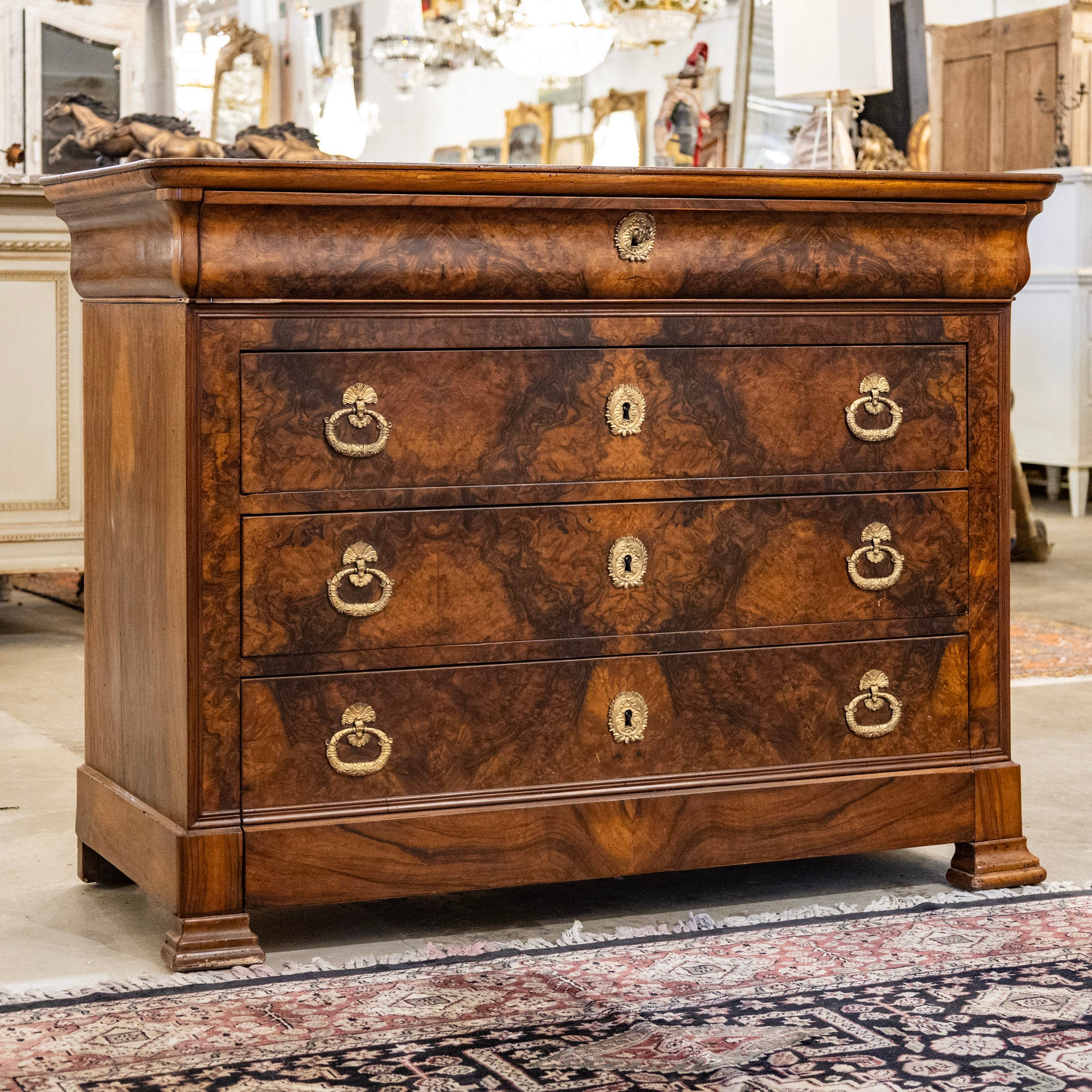 Louis Philippe Marbled Burl Wood Chest – Ornate Pulls - Image 3