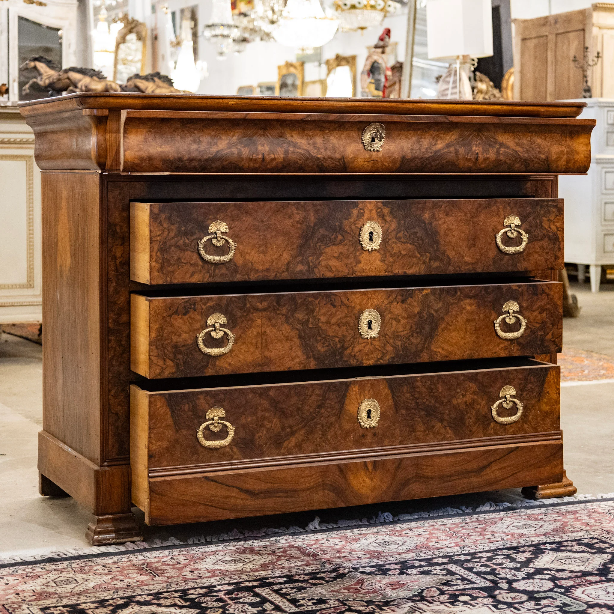 Louis Philippe Marbled Burl Wood Chest – Ornate Pulls - Image 4