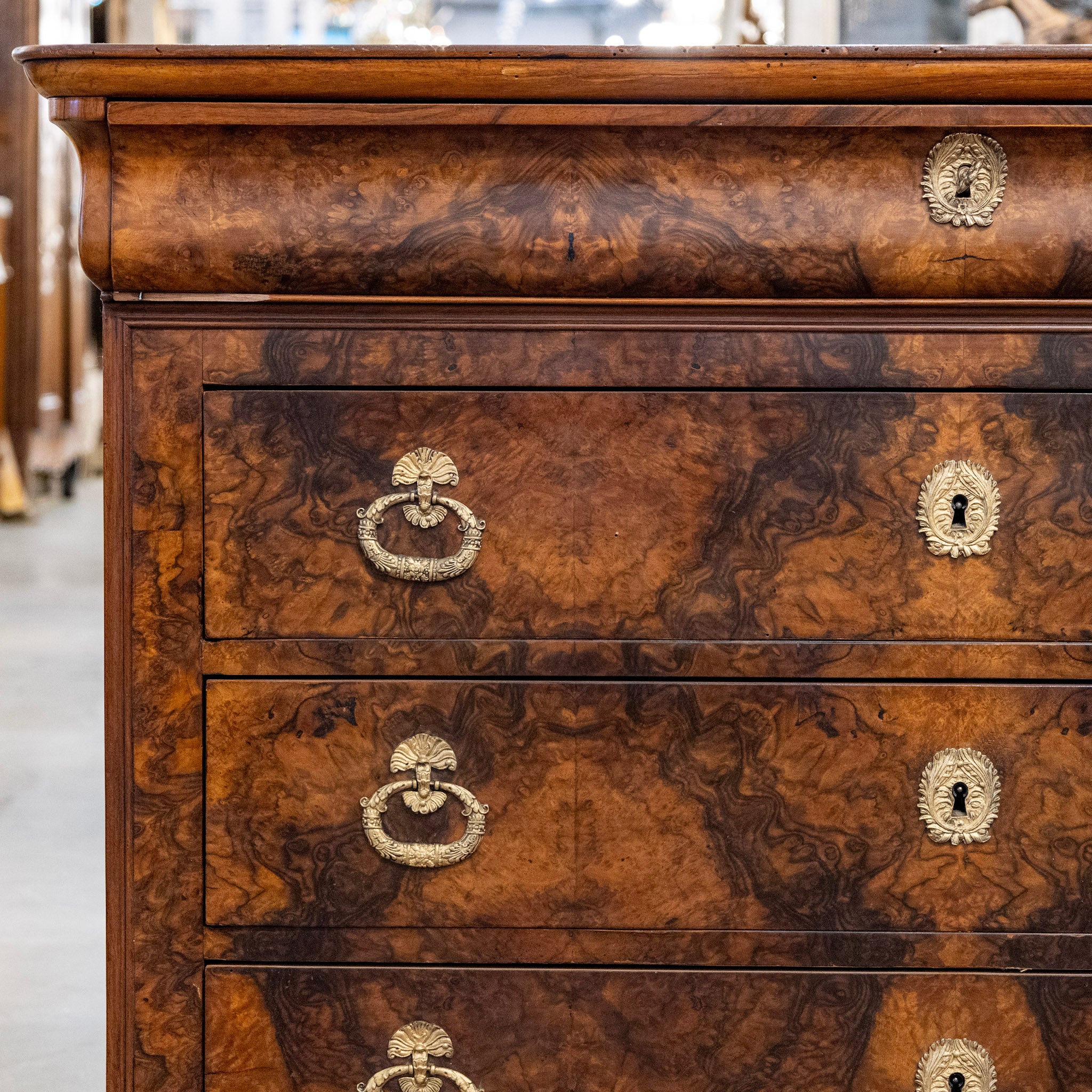 Louis Philippe Marbled Burl Wood Chest – Ornate Pulls - Image 5