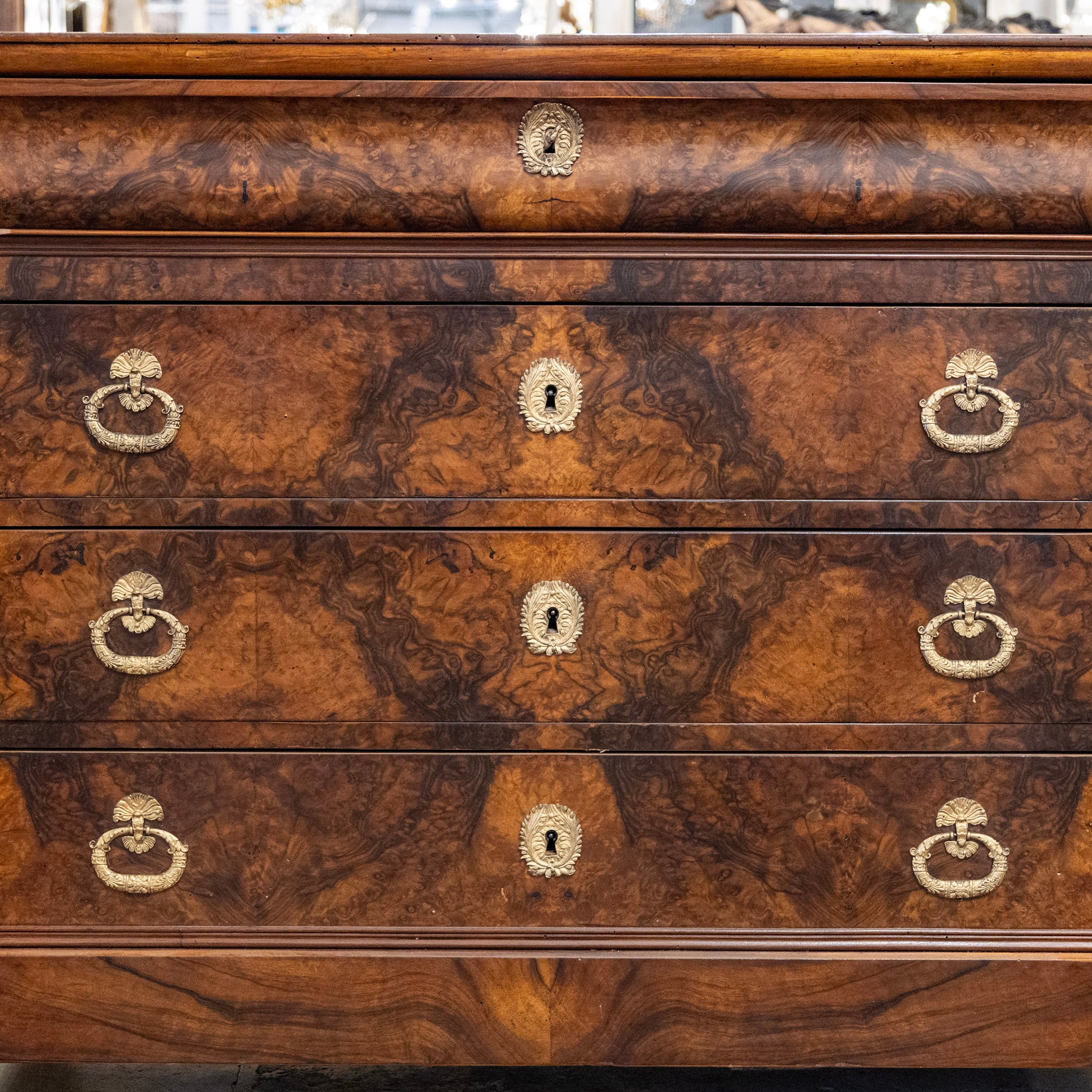 Louis Philippe Marbled Burl Wood Chest – Ornate Pulls - Image 6