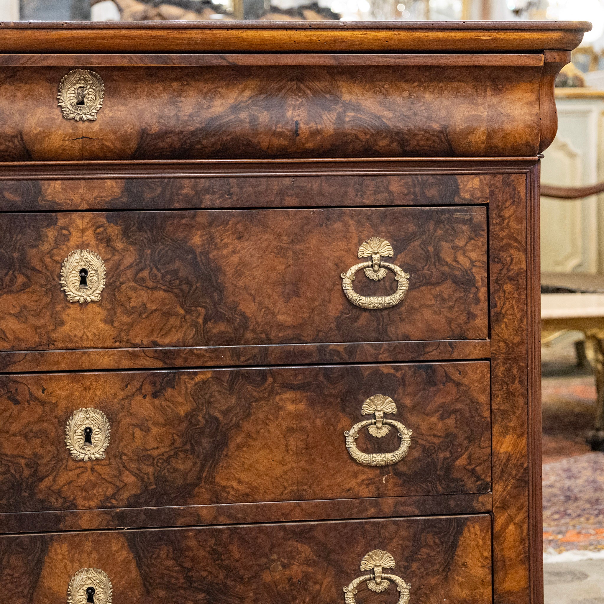 Louis Philippe Marbled Burl Wood Chest – Ornate Pulls - Image 7