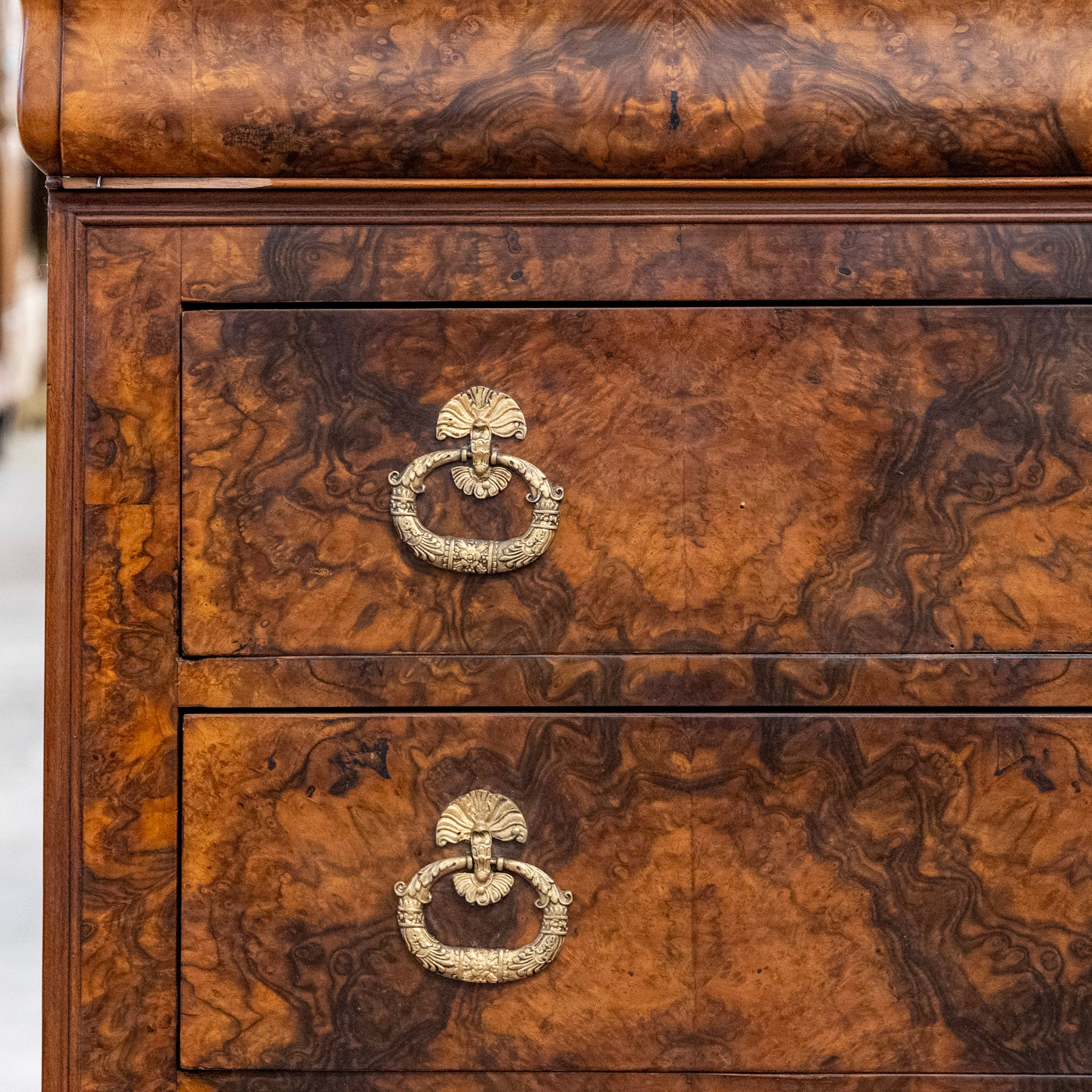 Louis Philippe Marbled Burl Wood Chest – Ornate Pulls - Image 8